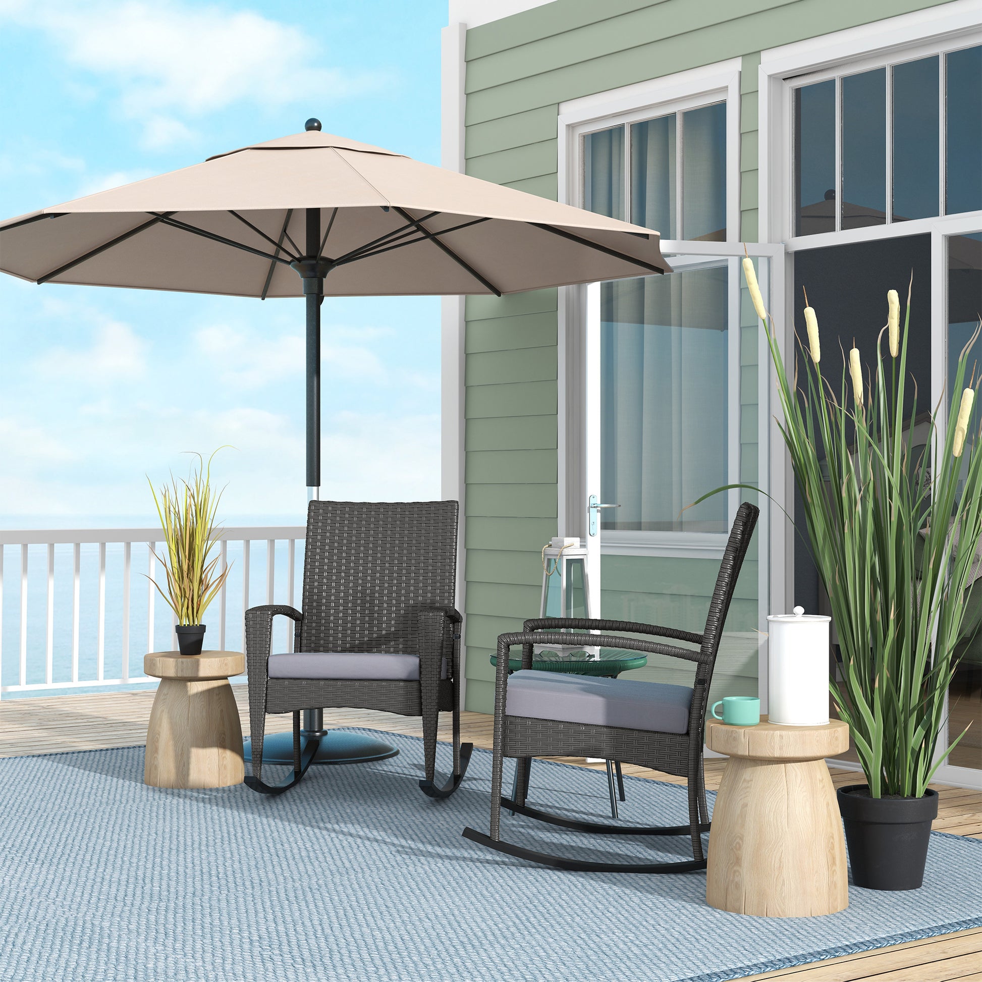 Outdoor PE Rattan Rocking Chair Set of 2, Garden Rocking Chair Set with Armrest and Cushion, Grey | Outsunny-0