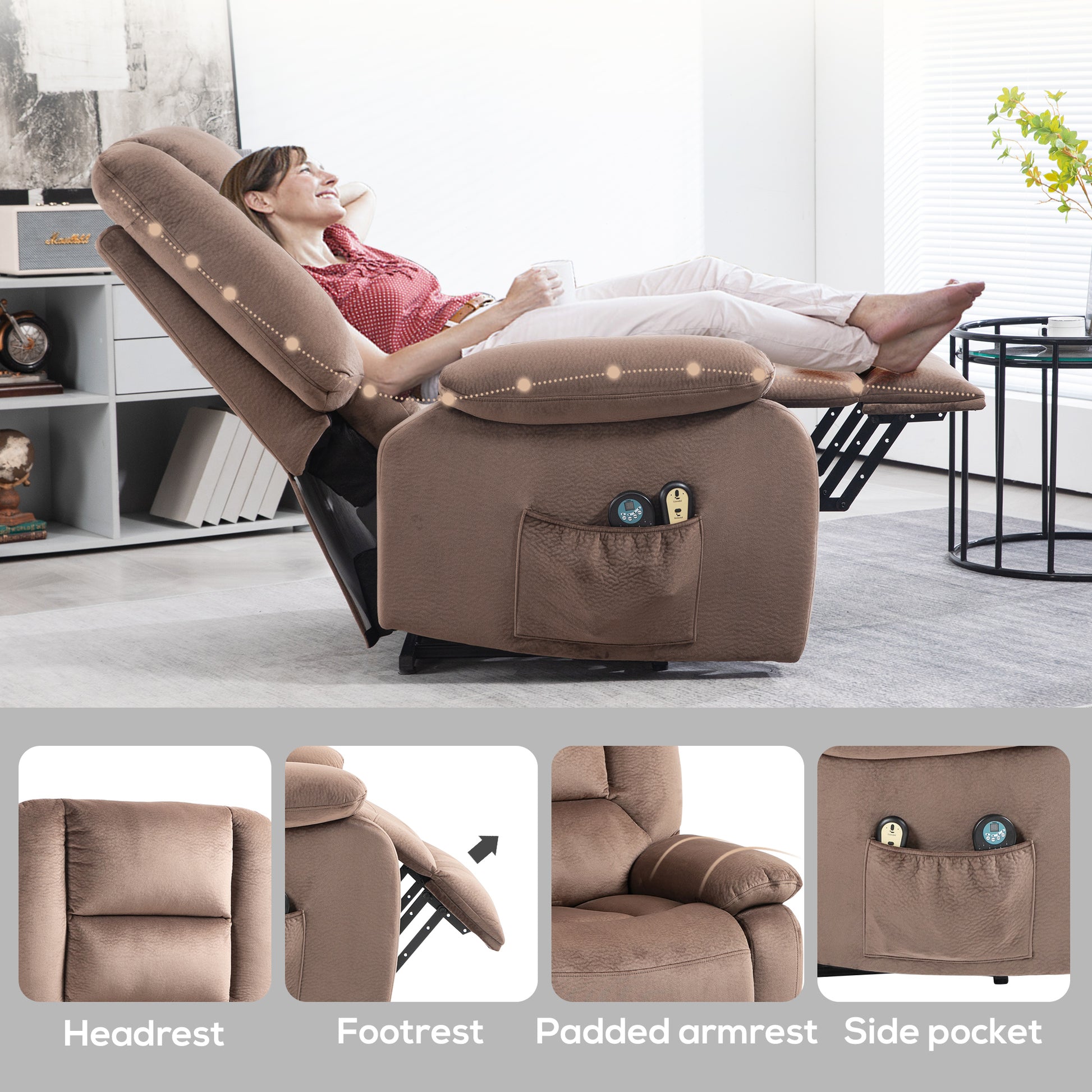 Electric Riser and Recliner Chair with Vibration Massage, Heat, Side Pocket, Brown | HOMCOM-7