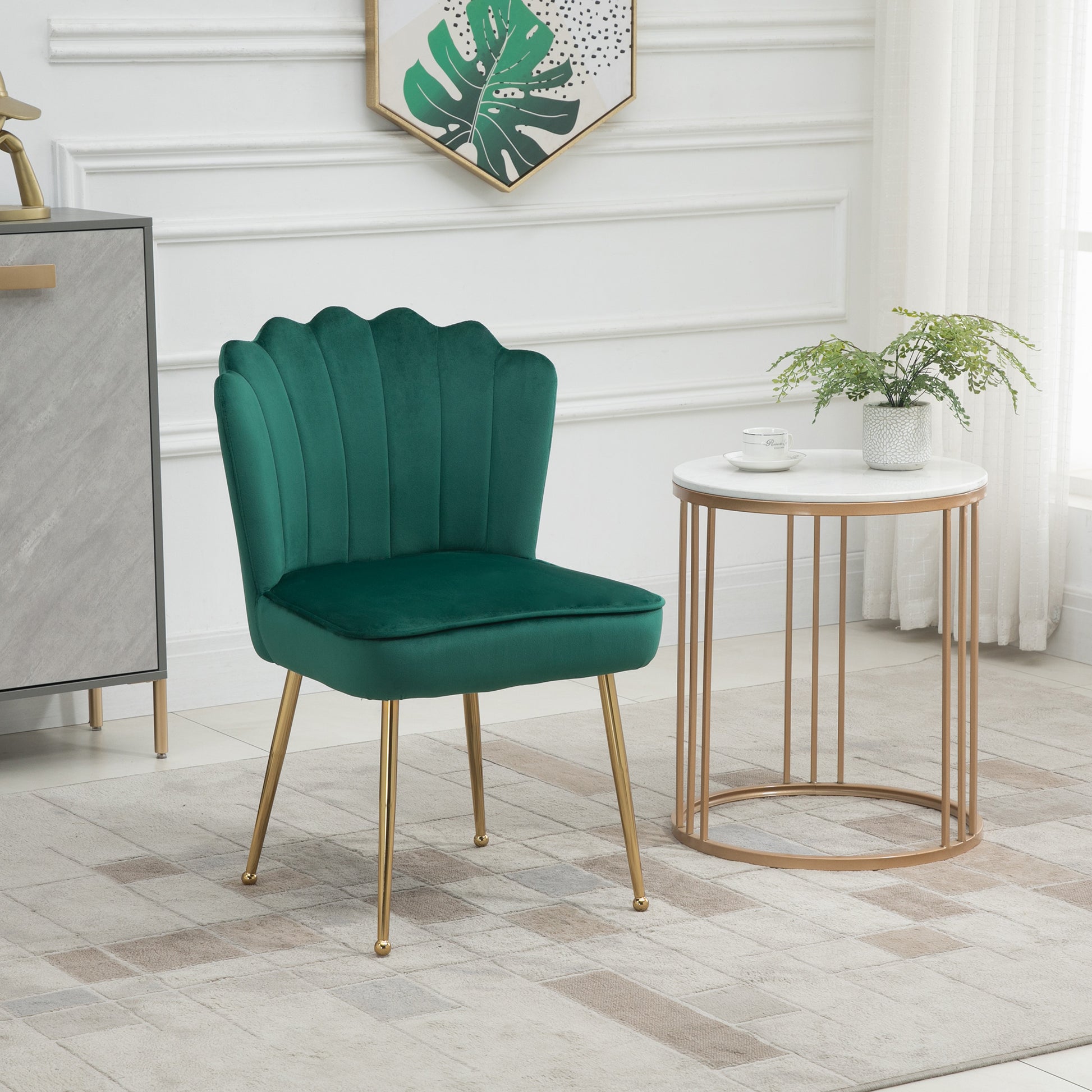 Glam Velvet-Feel Shell Accent Chair, Luxe Vanity Makeup Seat, Metal Legs, Comfort Padding in Green | HOMCOM-8