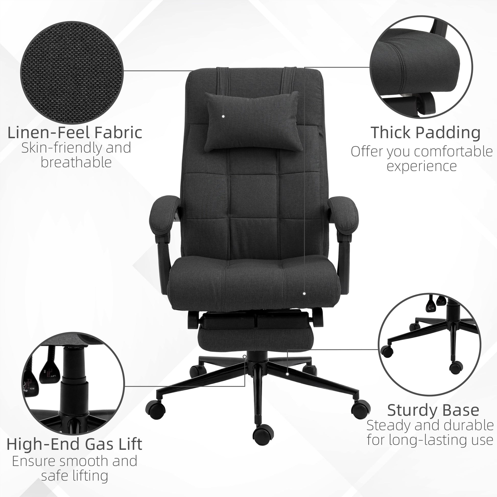 Executive Office Chair with Footrest, Headrest Pillow, Office Desk Chair with Reclining Backrest, Swivel Wheels, Black | Vinsetto-5