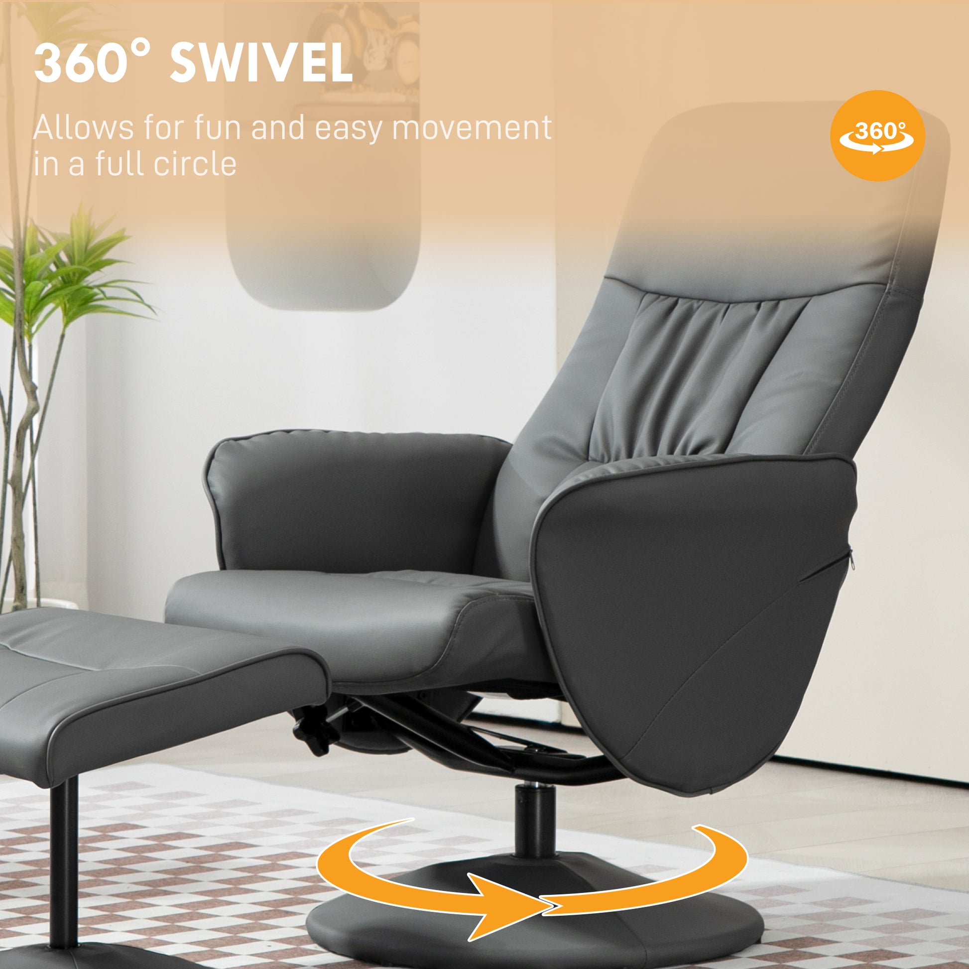 Swivel Recliner Chair with Footstool, PU Leather Armchair and Ottoman with High Back and Round Base for Living Room in Grey | HOMCOM-3
