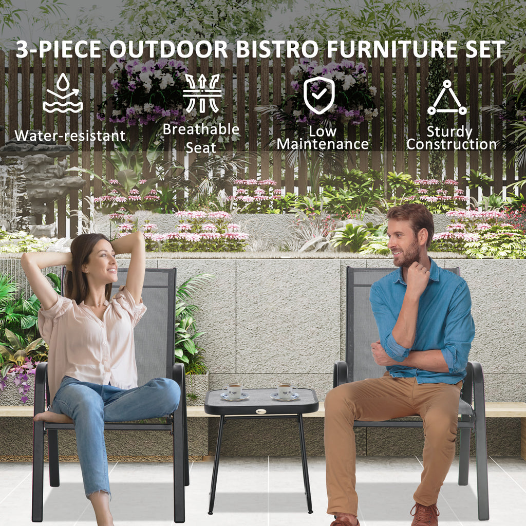 Outsunny 3 Pieces Outdoor Bistro Set, Patio Stackable Armchairs with Breathable Mesh Fabric and SPC Board Coffee Table, Light Grey-2