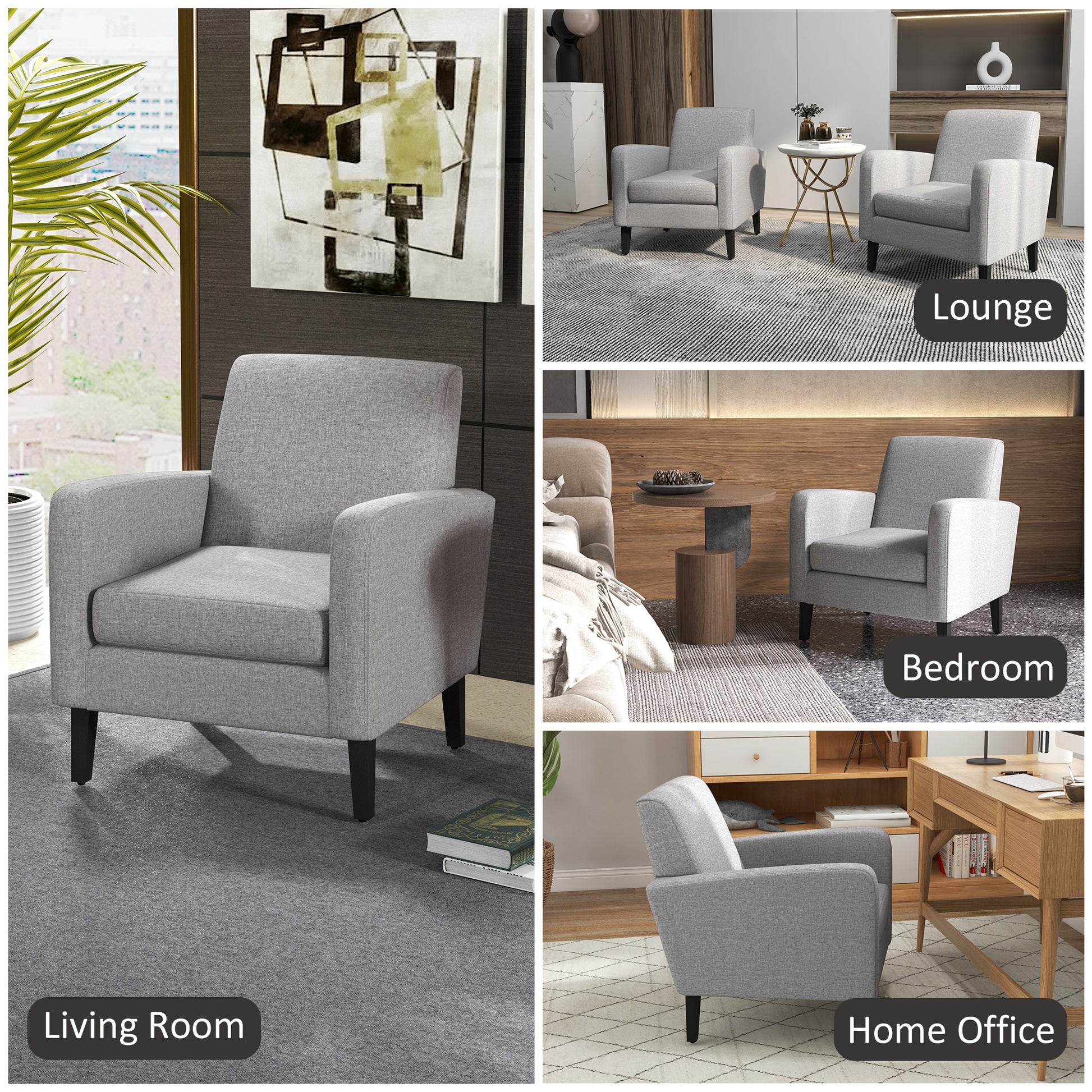 2x HOMCOM Modern Armchairs with Rubber Wood Legs, Upholstered Accent Chairs for Living Room in Light Grey-5