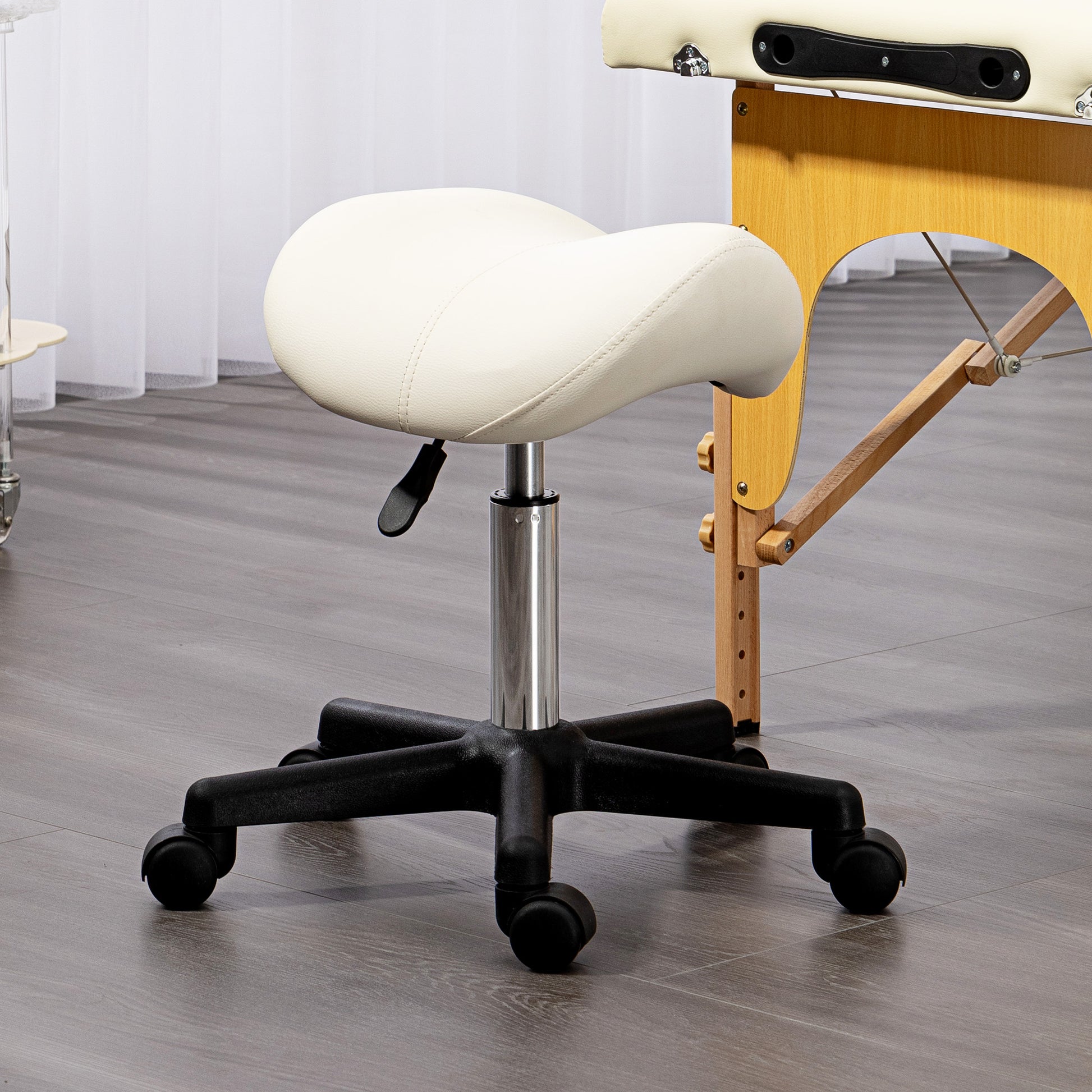 Saddle Stool, PU Leather Adjustable Rolling Salon Chair with Steel Frame for Massage, Spa, Beauty and Tattoo, White | HOMCOM-8
