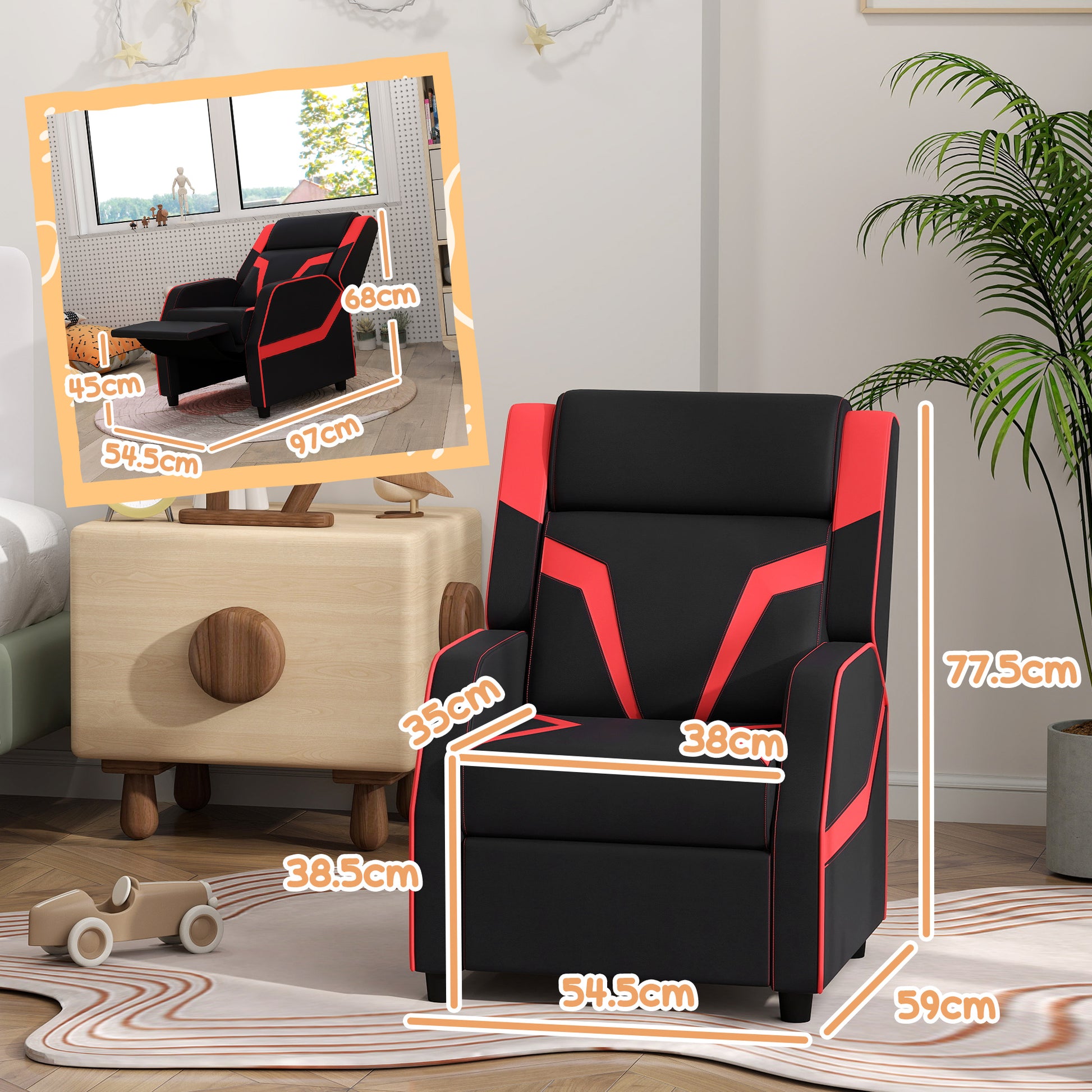 2 in 1 Black Kids Chair Recliner with Backrest, Armrest, Footrest, PU Leather for 3-9 Years Old by AIYAPLAY-1
