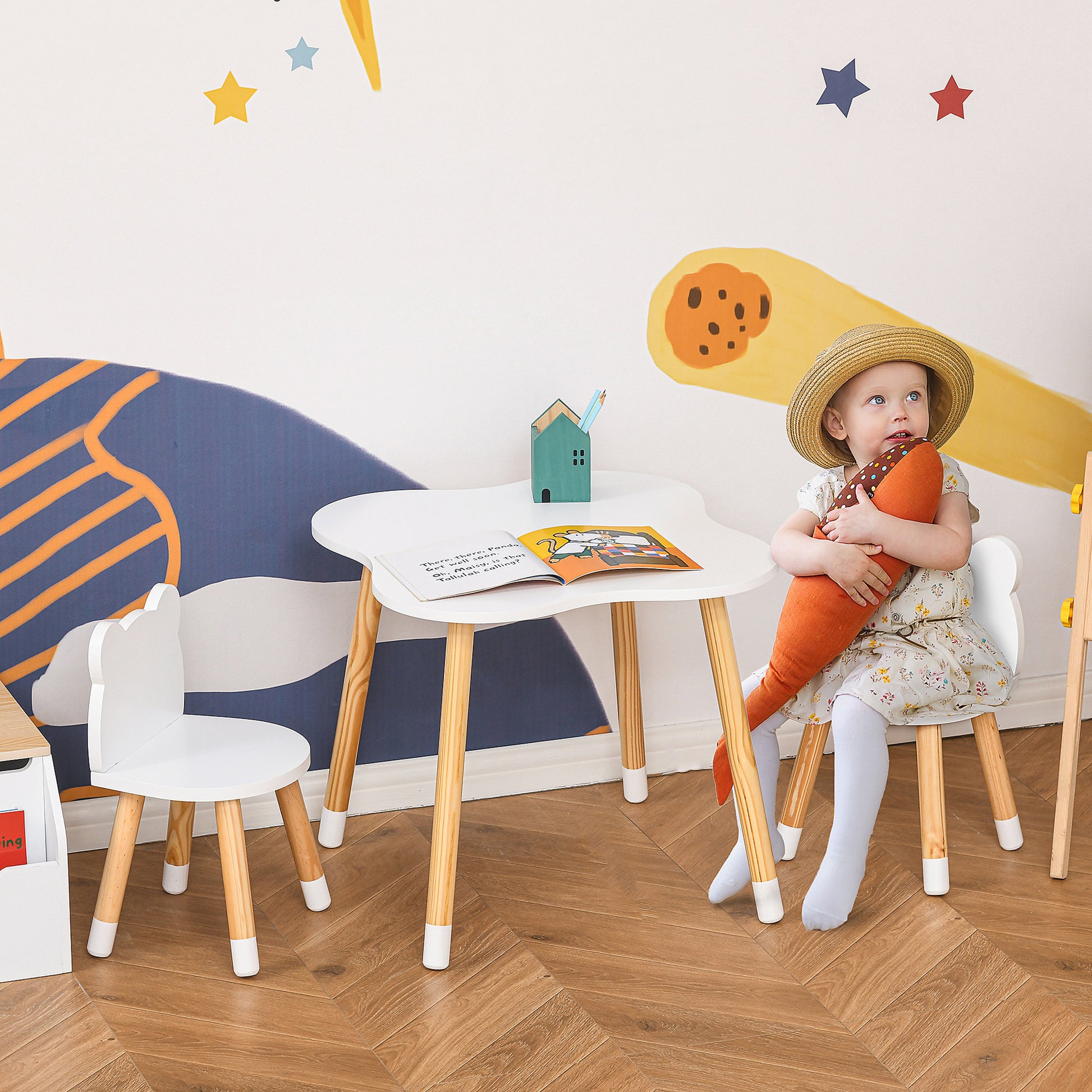 HOMCOM 3 Piece Kids Table and Chair Set with 2 Bear-shaped Chairs in White-8