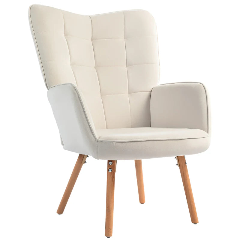 HOMCOM Modern Accent Chair Velvet-Touch Tufted Wingback Armchair Upholstered Leisure Lounge Sofa Club Chair with Wood Legs, Cream White-0