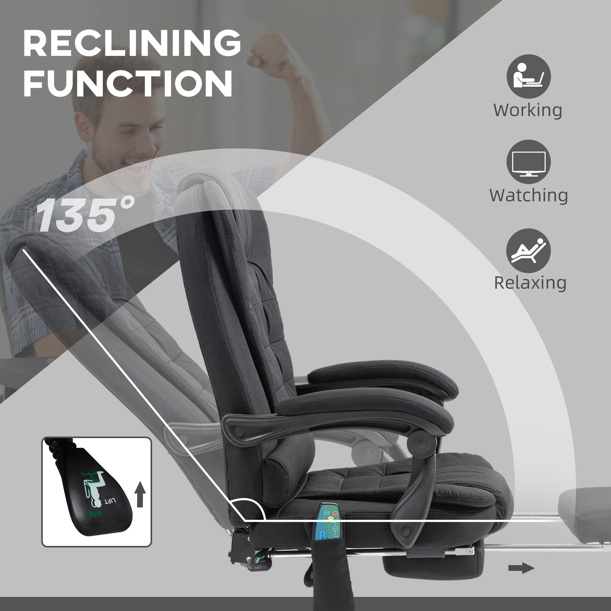 6-Points Executive Office Chair, Ergonomic Heated Vibration Massage Office Chair, Desk Chair w/ Reclining Back, Footrest, Black | Vinsetto-3