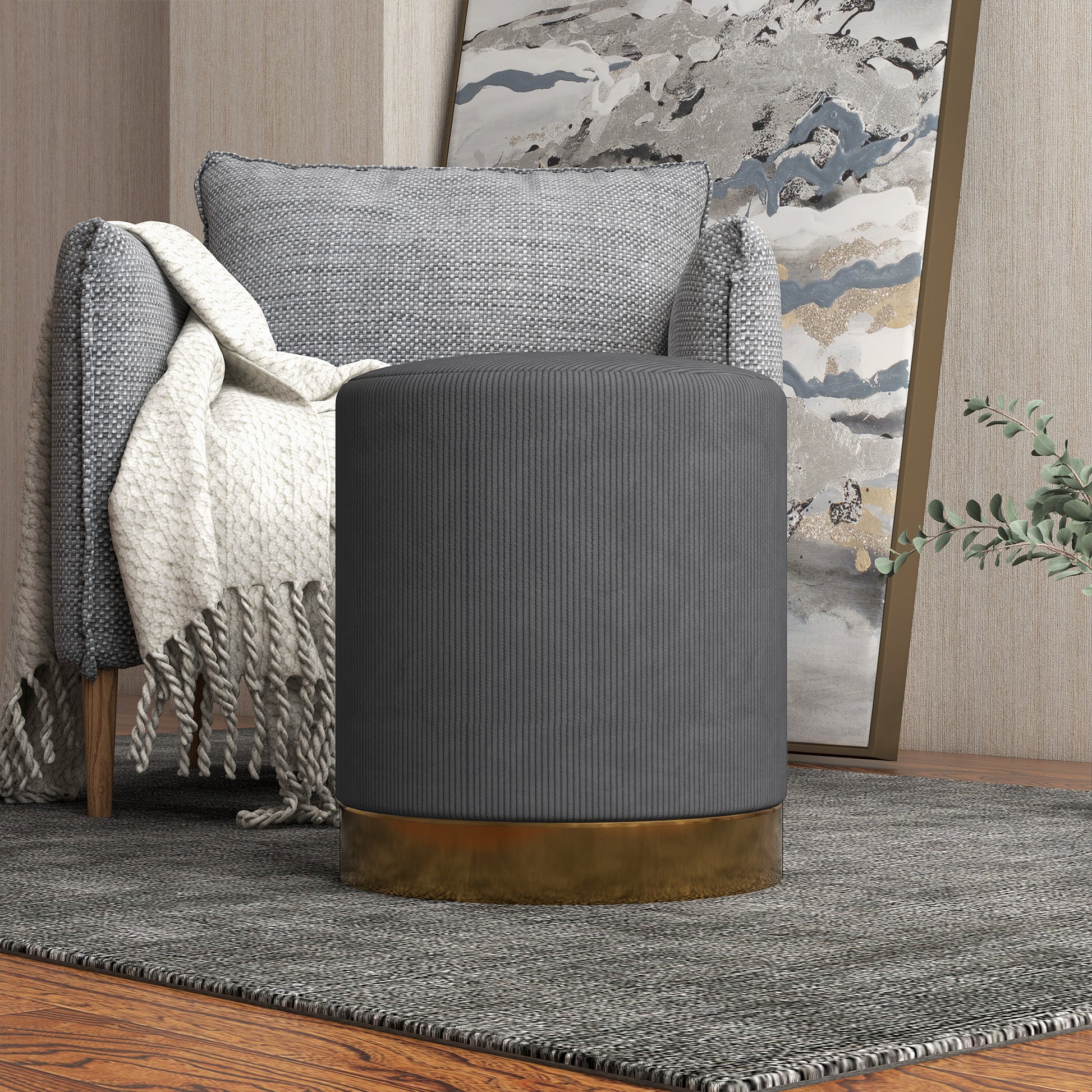 HOMCOM Soft Padded Corduroy Footstool in Charcoal Grey-4