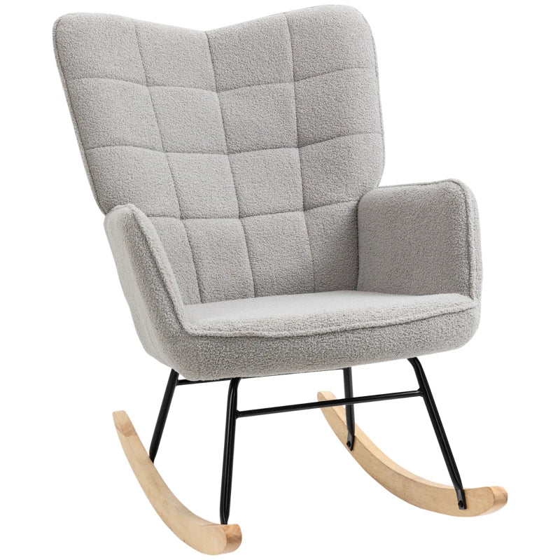 HOMCOM Berber Fleece Nursery Glider Rocker for Nursing, Wingback Rocking Chair for Living Room in Light Grey-0