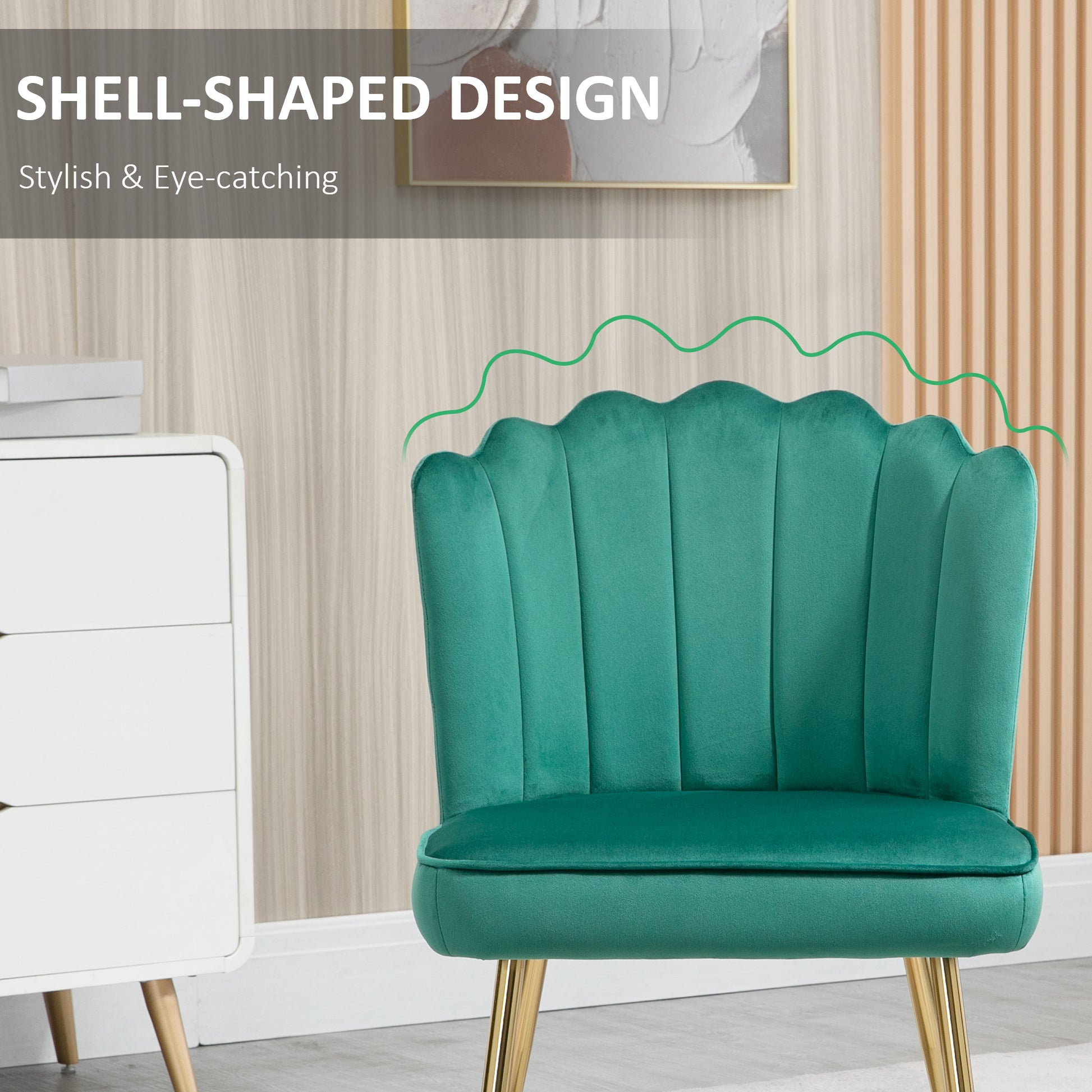Glam Velvet-Feel Shell Accent Chair, Luxe Vanity Makeup Seat, Metal Legs, Comfort Padding in Green | HOMCOM-3