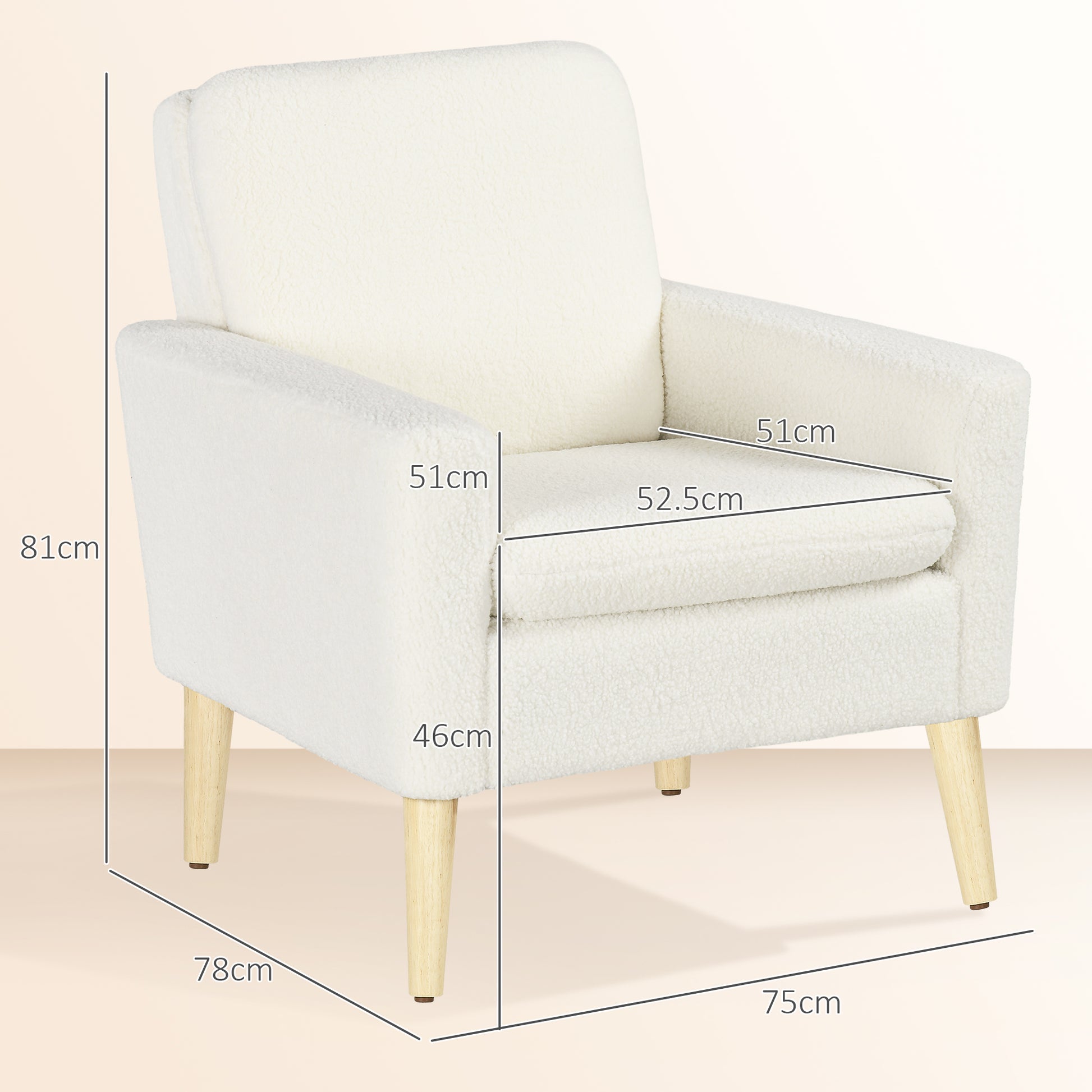 Modern Armchair, Upholstered Accent Chair with Wood Legs and Wide Padded Seat, Teddy Occasional Chair, Cream White | HOMCOM-1