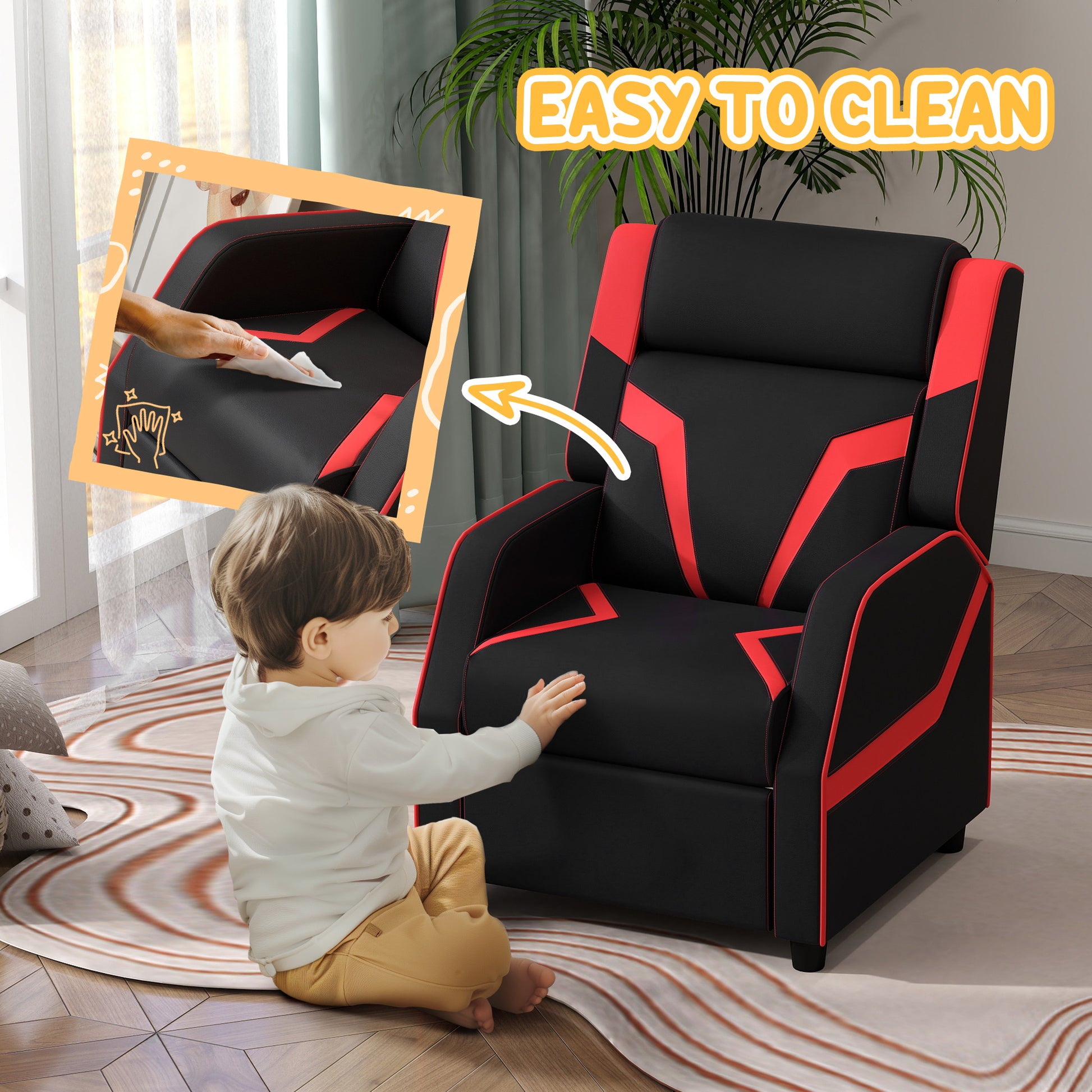 2 in 1 Black Kids Chair Recliner with Backrest, Armrest, Footrest, PU Leather for 3-9 Years Old by AIYAPLAY-5