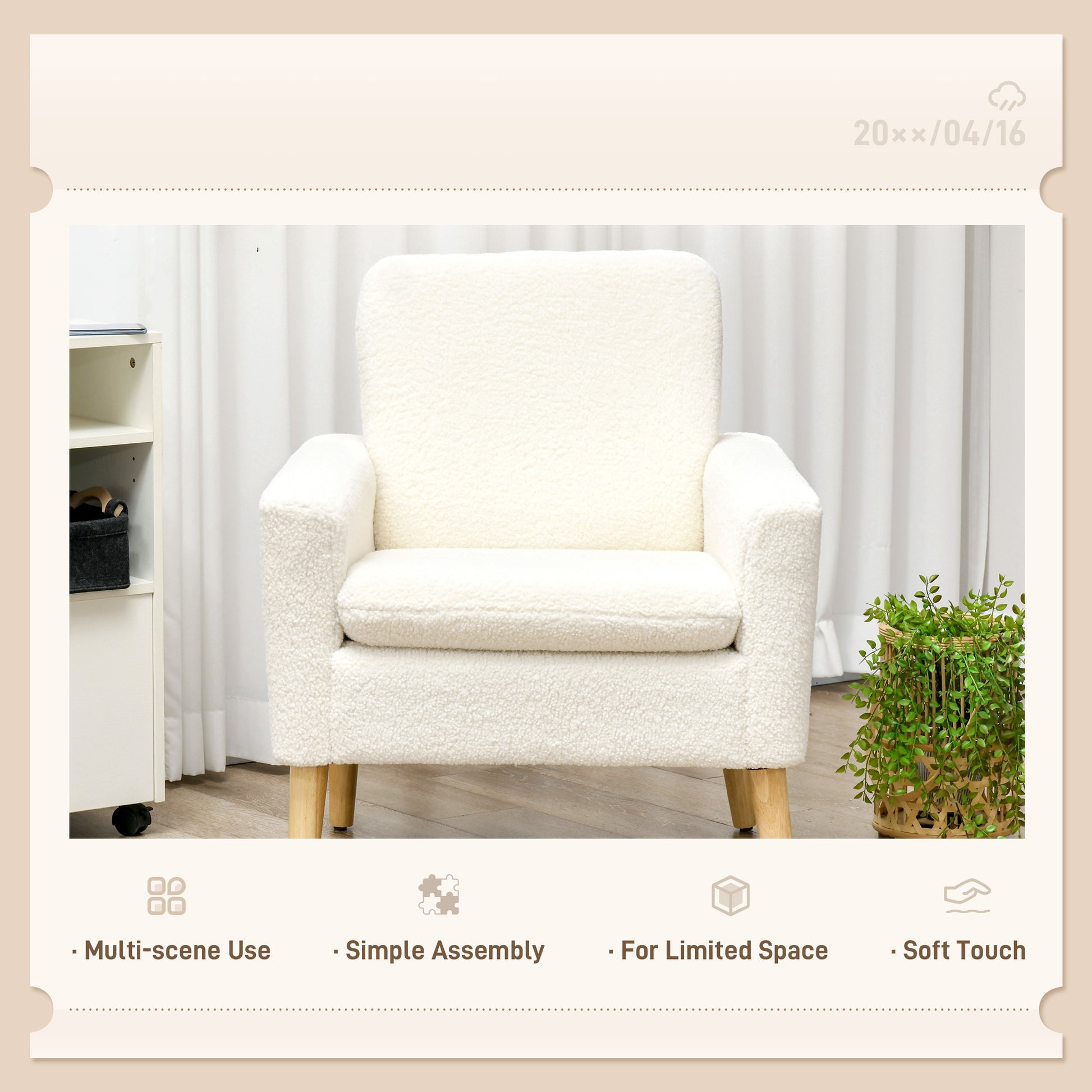 Modern Armchair, Upholstered Accent Chair with Wood Legs and Wide Padded Seat, Teddy Occasional Chair, Cream White | HOMCOM-4