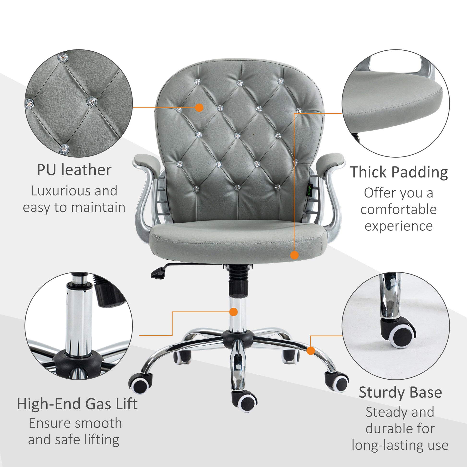 Vinsetto Ergonomic Computer Desk Chair with 360° Swivel, PU Diamante Padded, Base 5 Castor Wheels in Grey-3