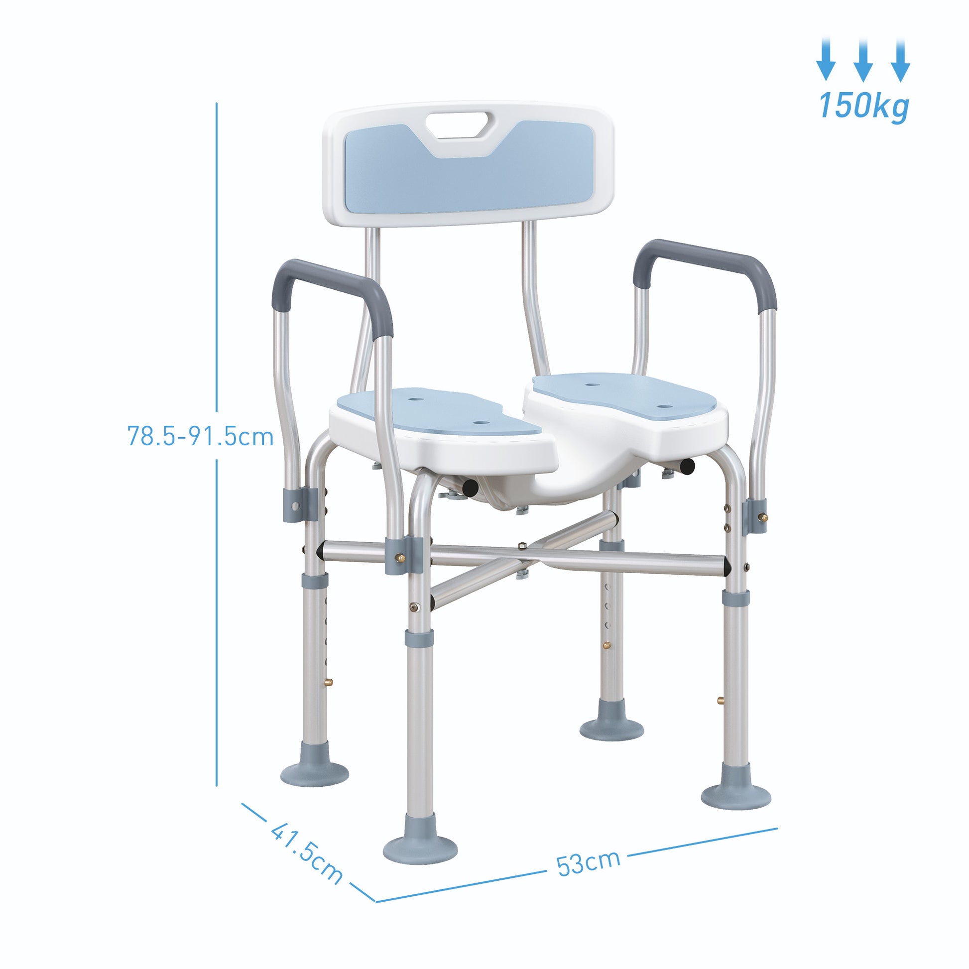 HOMCOM Shower Chair with Upgraded U-shaped Seat and Reinforced Crossbars, Height Adjustable Padded Bath Chair with Non-slip Feet for Elderly in Light Blue-1