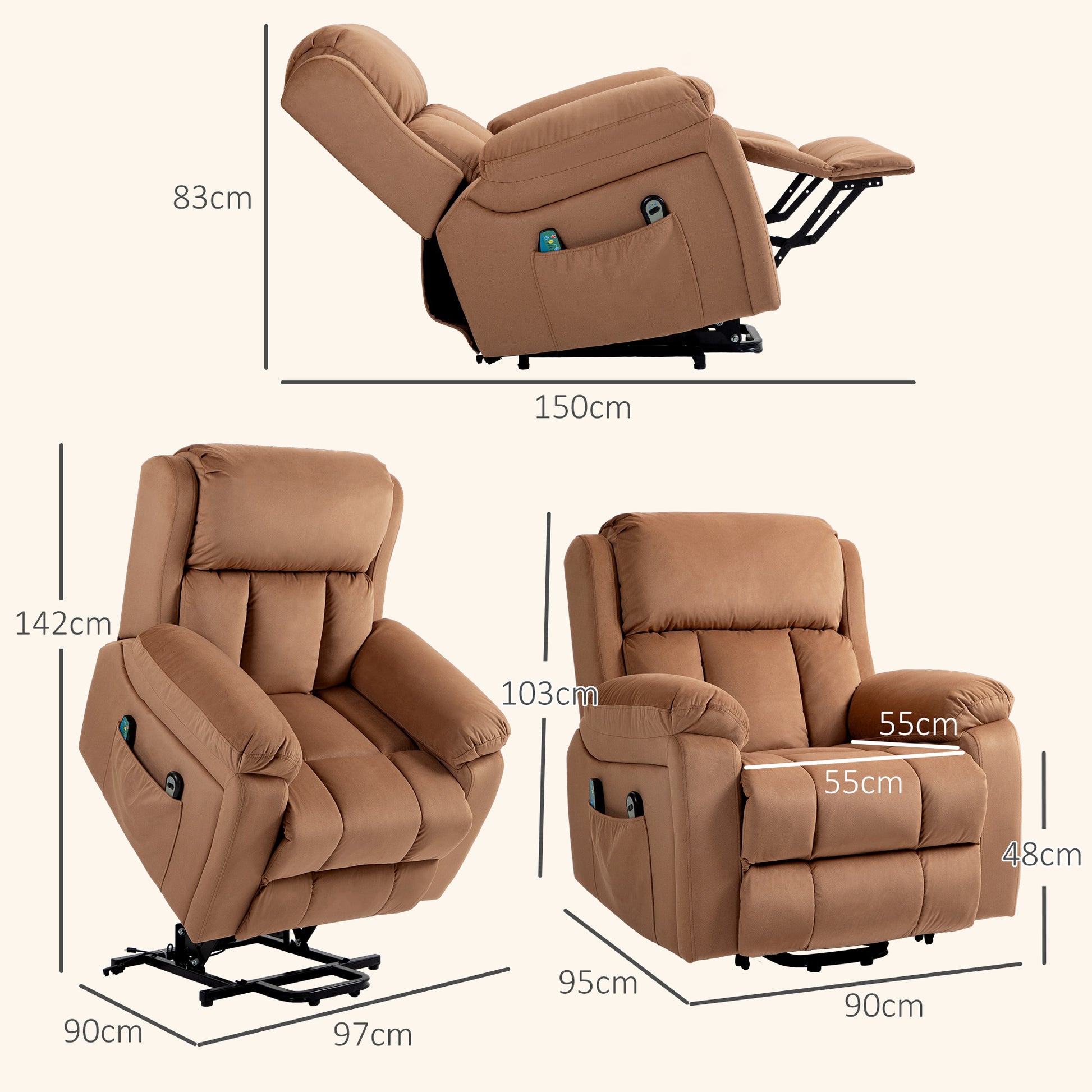 Power Lift Riser and Recliner Chair with Vibration Massage, Heat, Side Pocket in Brown by HOMCOM-1