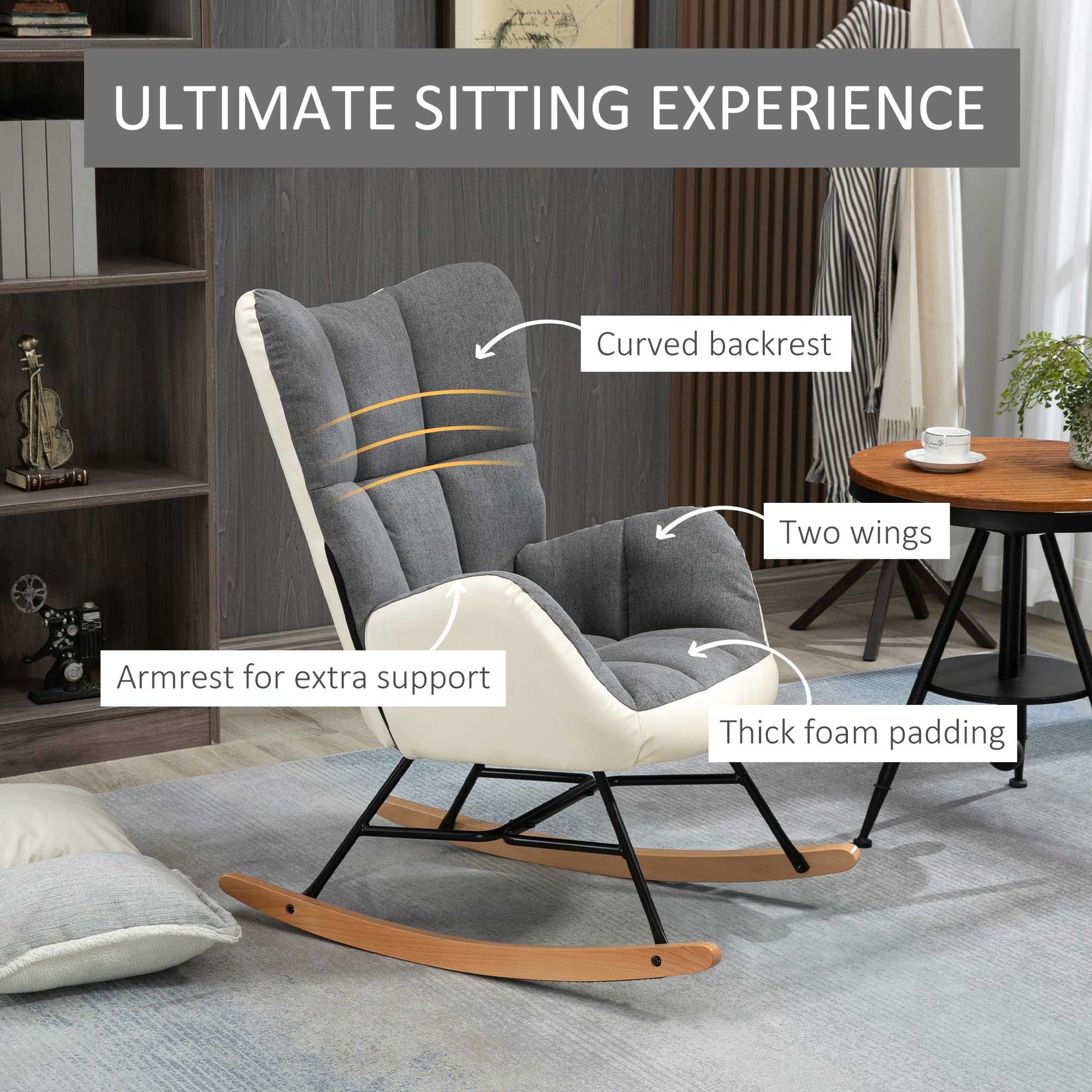 Rocking Chair for Nursery, Upholstered Wingback Armchair with Steel and Wood Legs for Living Room, Bedroom, Balcony, Grey and Cream | HOMCOM-3
