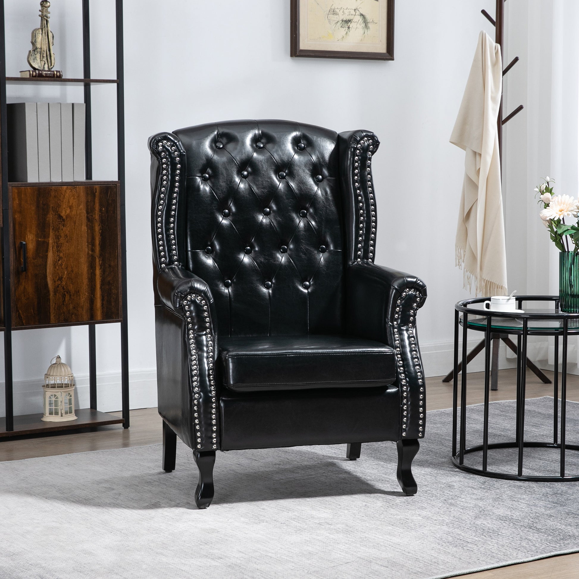 Chesterfield-style Wingback Accent Chair, Single Sofa Tufted Armchair with Nail Head Trim for Living Room Bedroom in Black | HOMCOM-8