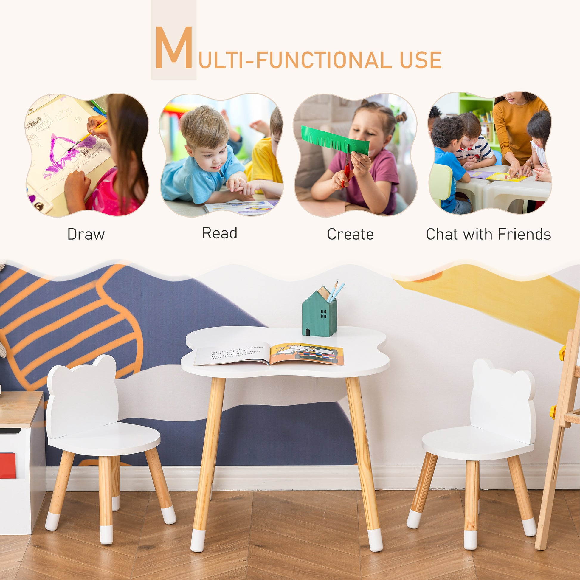 HOMCOM 3 Piece Kids Table and Chair Set with 2 Bear-shaped Chairs in White-2