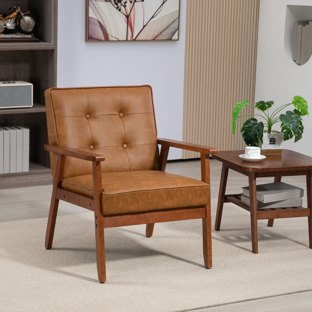 Retro-Style Accent Chair, Armchair with Faux Leather Seat - Brown | HOMCOM-8