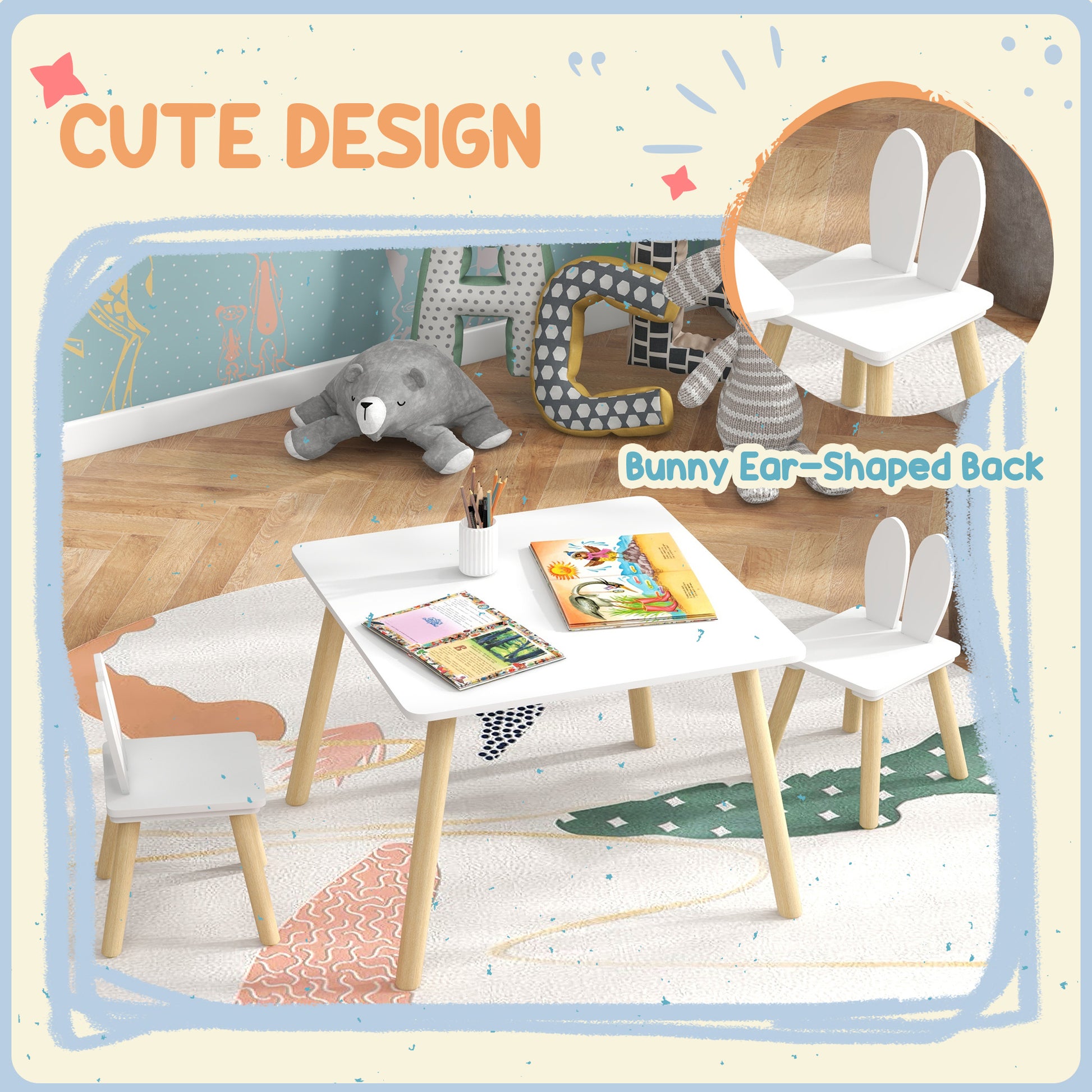 AIYAPLAY 3 Pcs Toddler Table and Chair Set, Kids Desk and 2 Chairs Set with Bunny Ear Backrest, for Nursery, Playroom-2