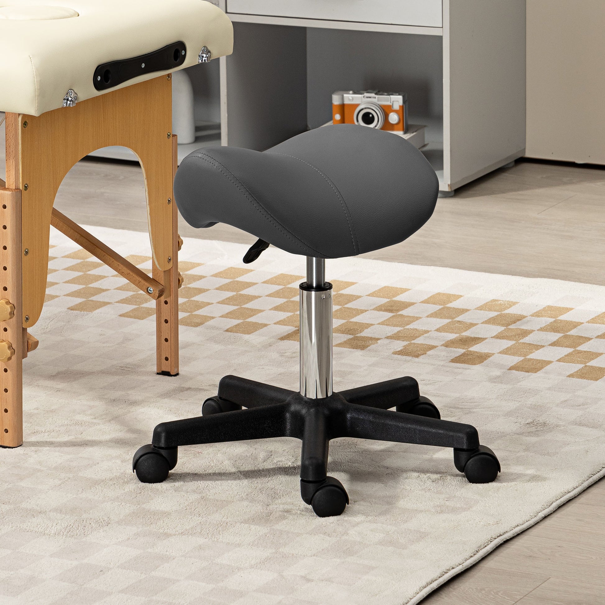 Saddle Stool, PU Leather Adjustable Rolling Salon Chair with Steel Frame for Massage, Spa, Beauty and Tattoo, Grey | HOMCOM-8