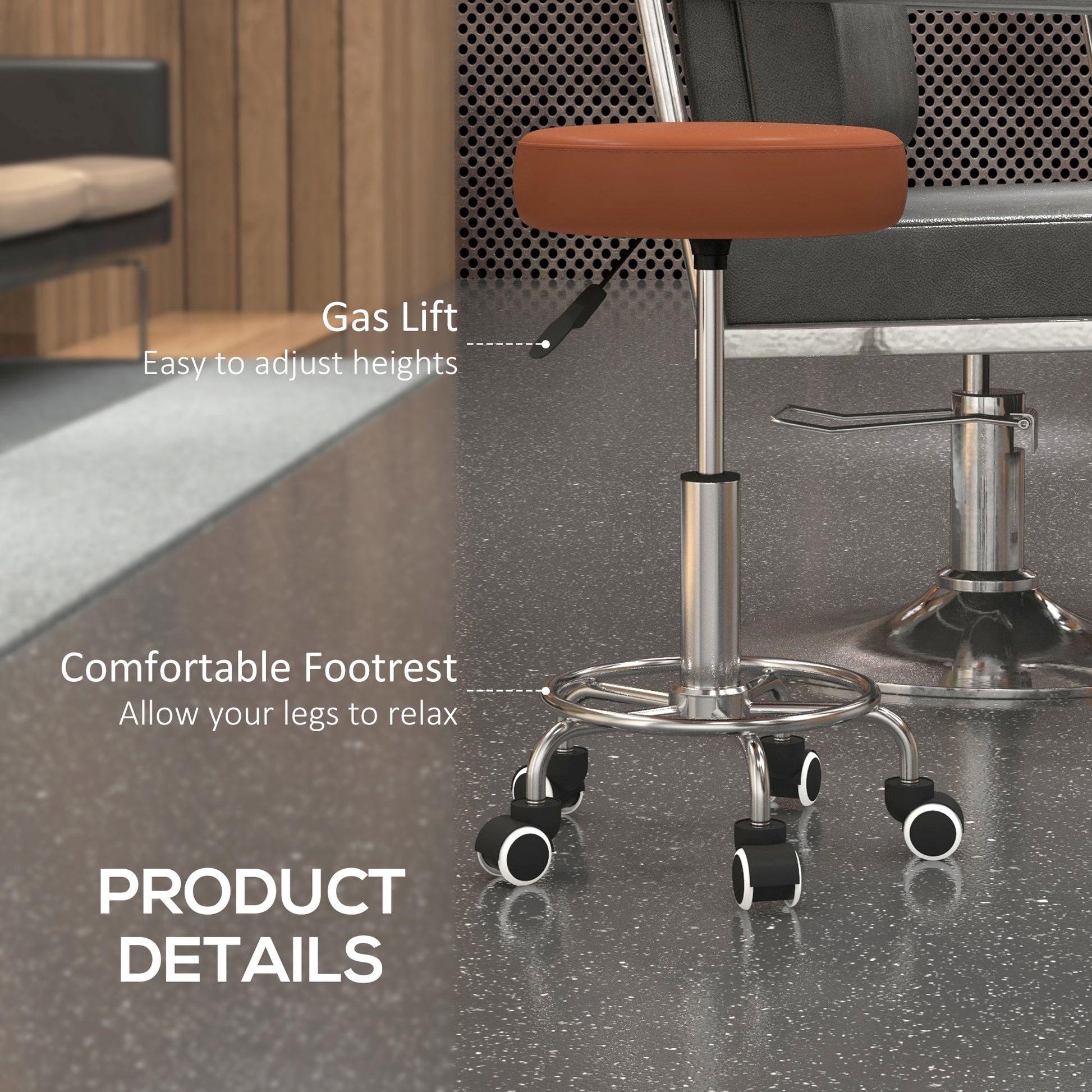 PU Leather Rolling Stool, Height Adjustable Stool Chair with Wheels for Salon, Massage, Spa, Brown | Vinsetto-6