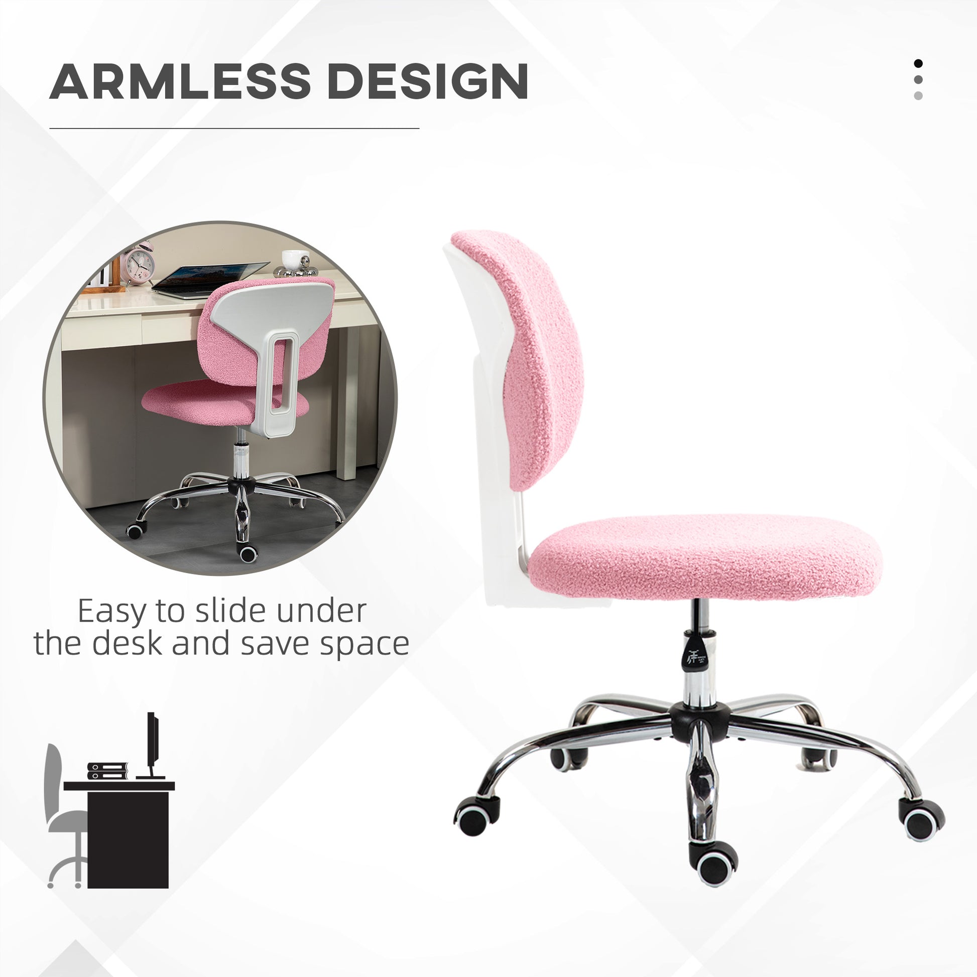 Vinsetto Cute Armless Office Chair Vanity Task Chair with Adjustable Height, Swivel Wheels, Mid Back, Pink-4