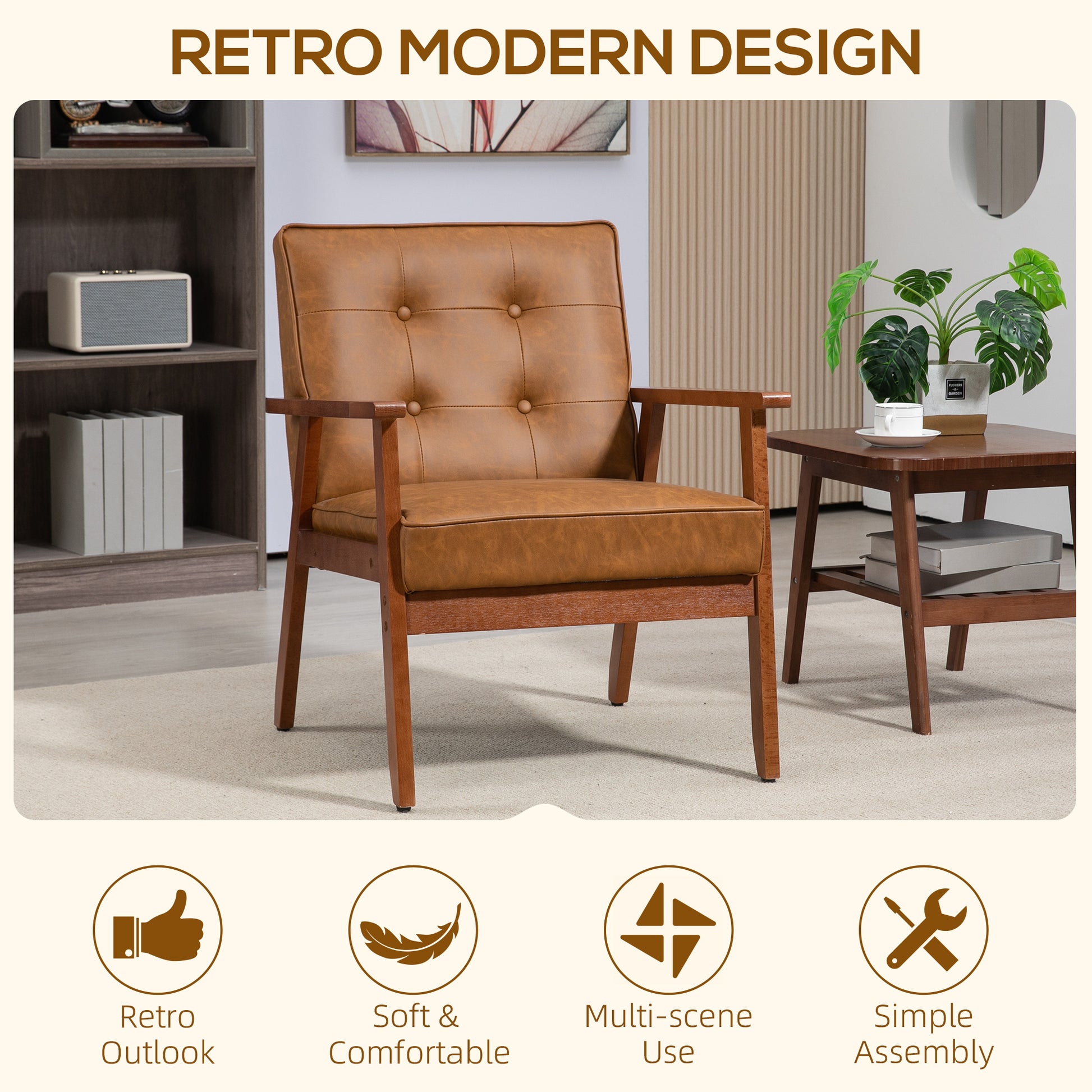 Retro-Style Accent Chair, Armchair with Faux Leather Seat - Brown | HOMCOM-2