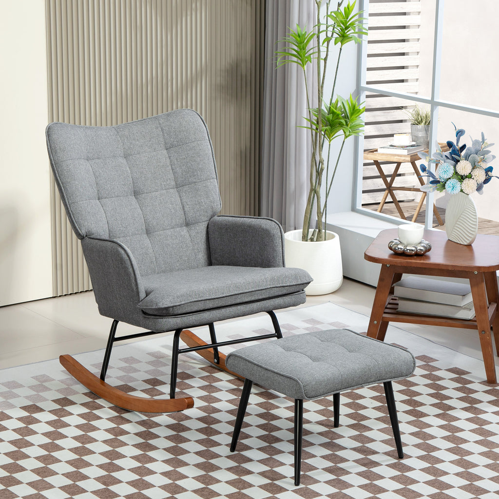 HOMCOM Linen-Look Rocking Chair and Ottoman Set in Grey-8