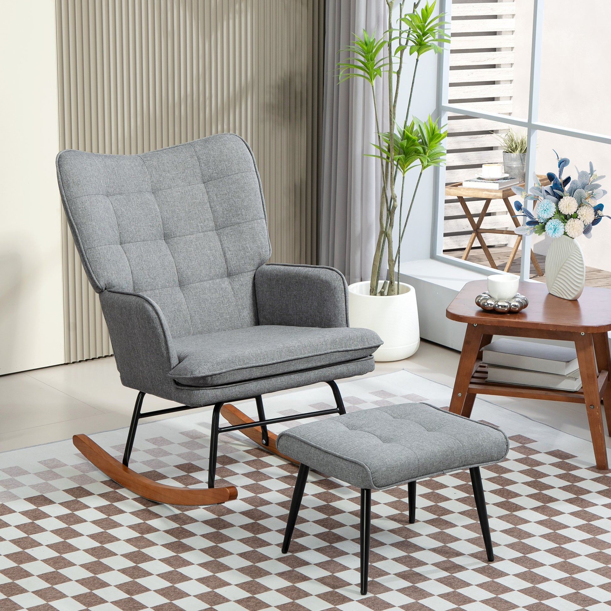 HOMCOM Linen-Look Rocking Chair and Ottoman Set in Grey-8
