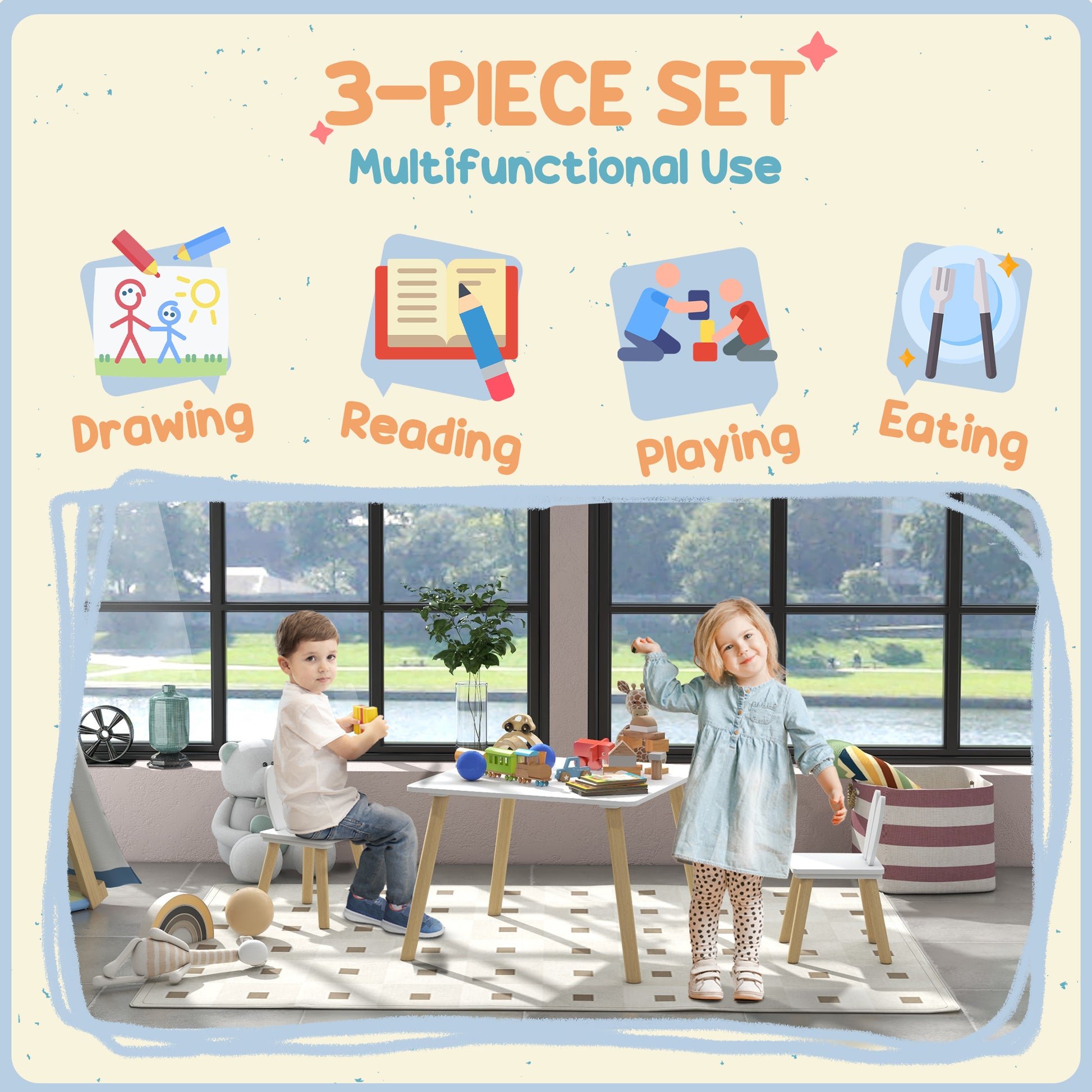 AIYAPLAY 3 Pcs Toddler Table and Chair Set, Kids Desk and 2 Chairs Set with Bunny Ear Backrest, for Nursery, Playroom-3