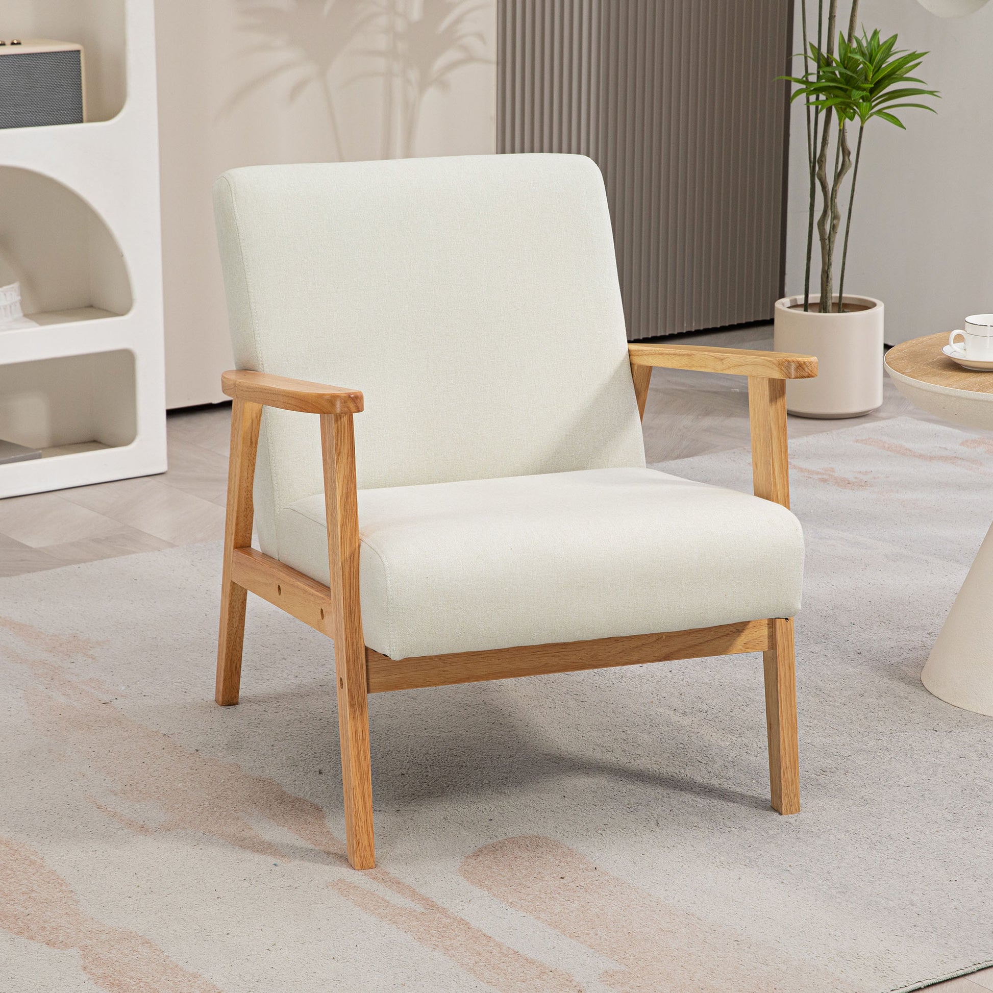 HOMCOM Fabric Accent Chair for Living Room, Arm Chair with Rubber Wood Frame and Padded Cushion in Cream White-8