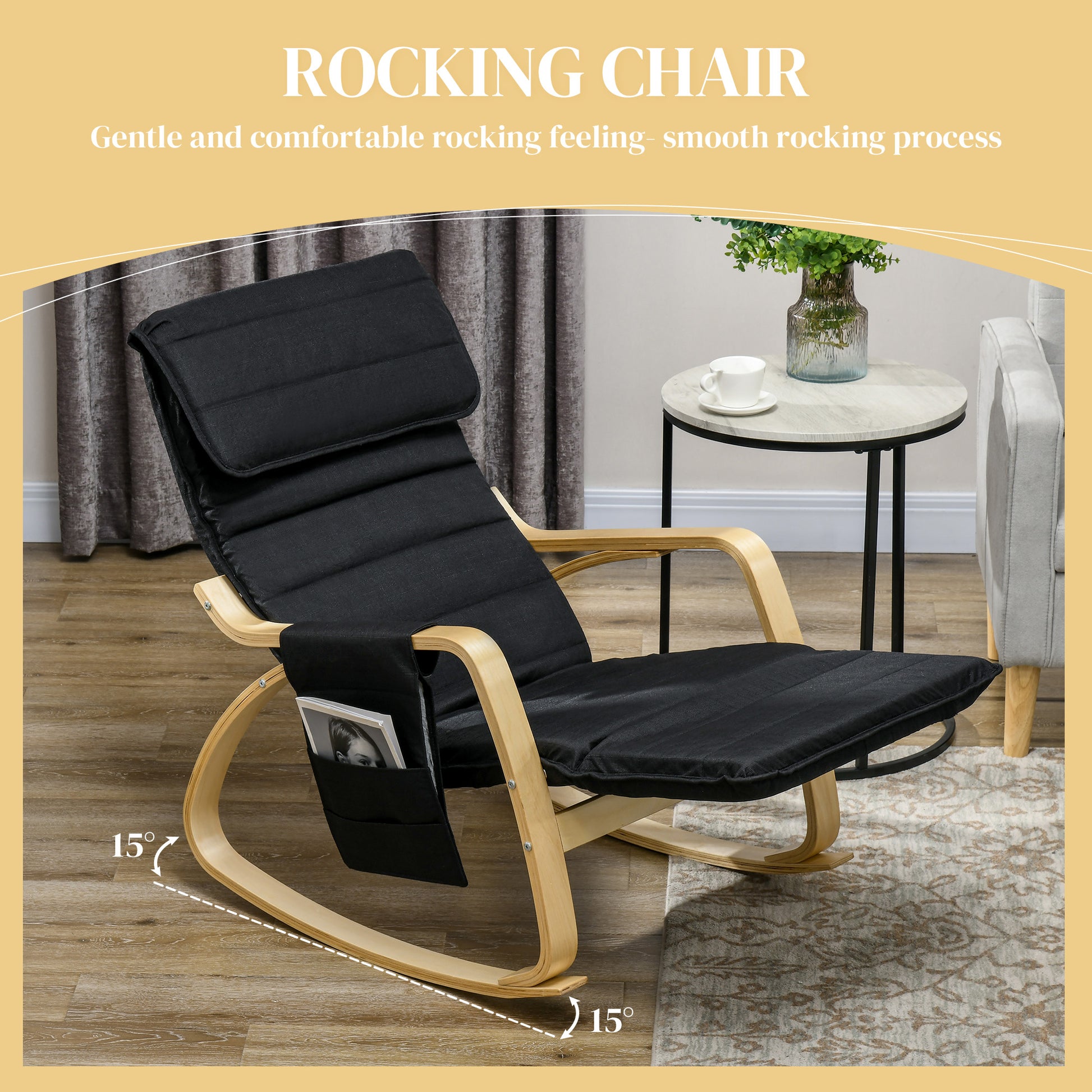 Rocking Lounge Chair Recliner Relaxation Lounging Relaxing Seat with Adjustable Footrest, Side Pocket and Pillow, Black by HOMCOM-2