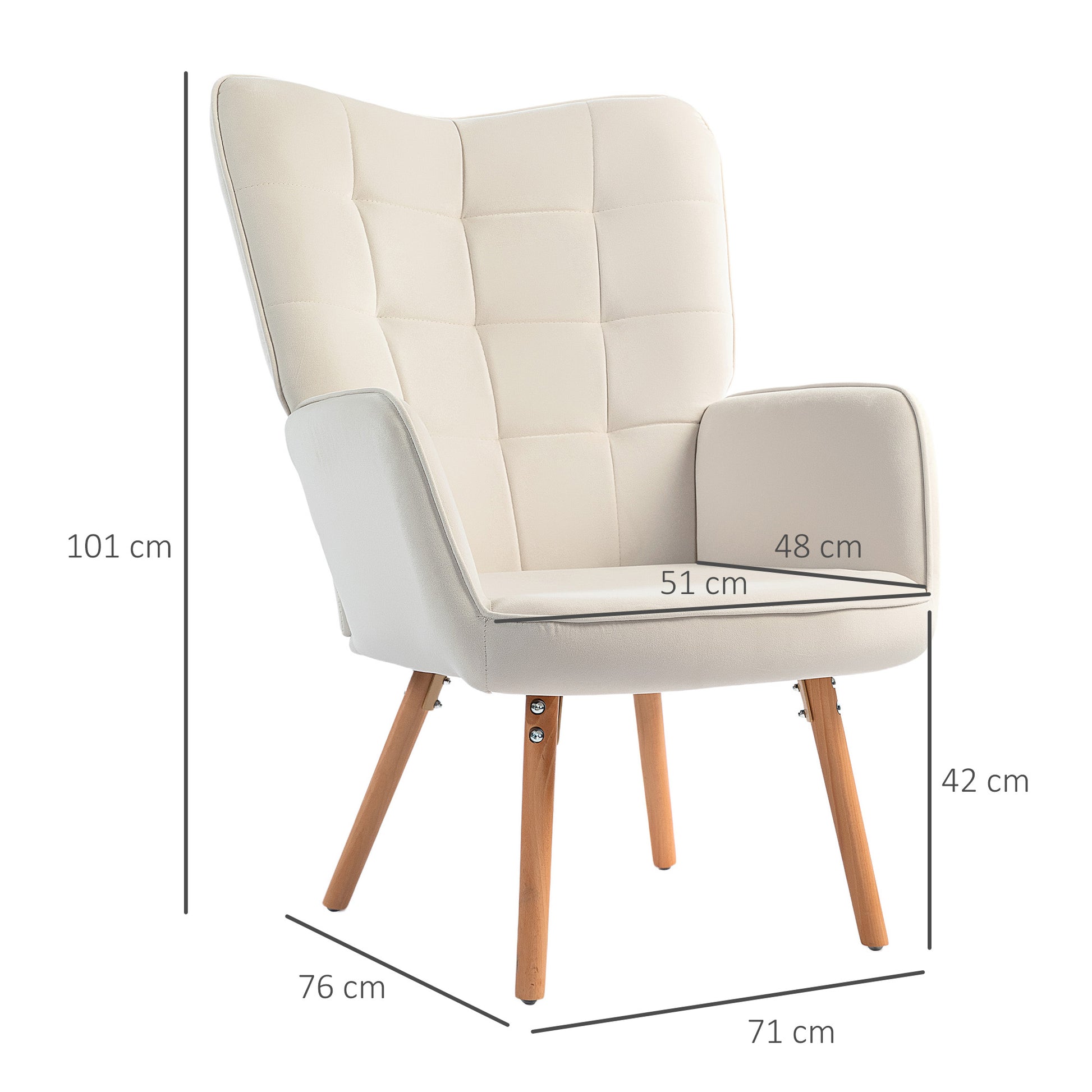 HOMCOM Modern Accent Chair Velvet-Touch Tufted Wingback Armchair Upholstered Leisure Lounge Sofa Club Chair with Wood Legs, Cream White-1