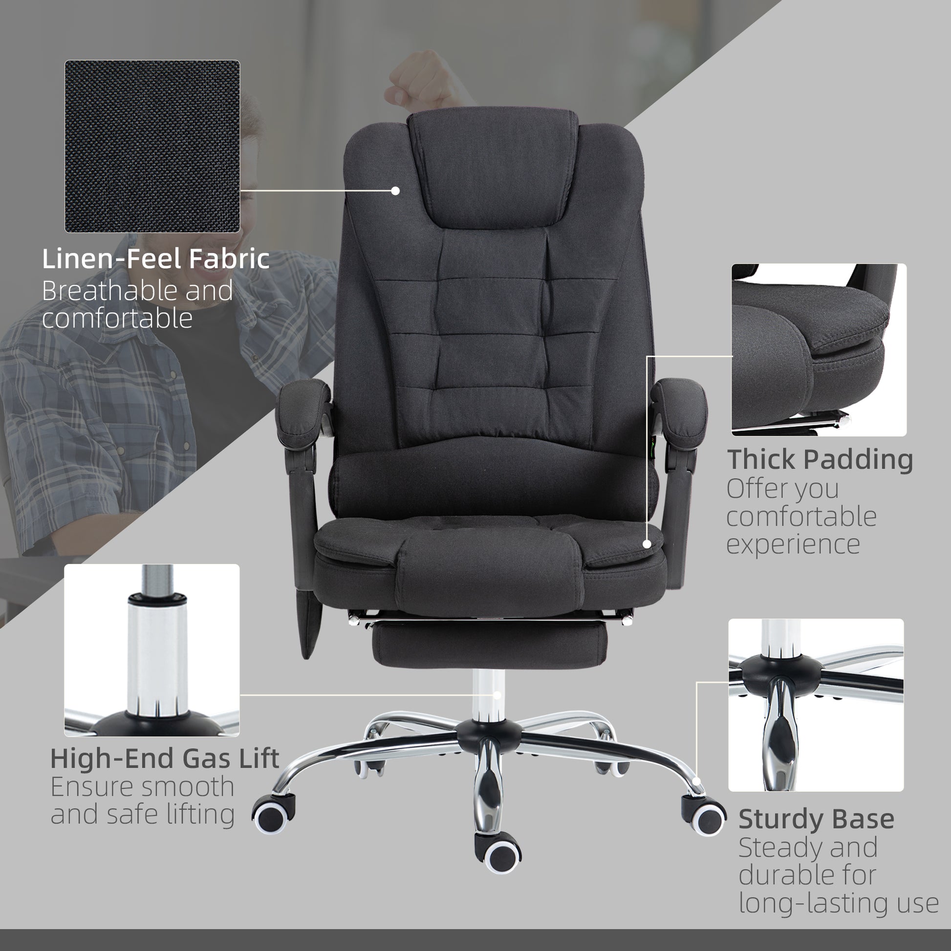 6-Points Executive Office Chair, Ergonomic Heated Vibration Massage Office Chair, Desk Chair w/ Reclining Back, Footrest, Black | Vinsetto-6