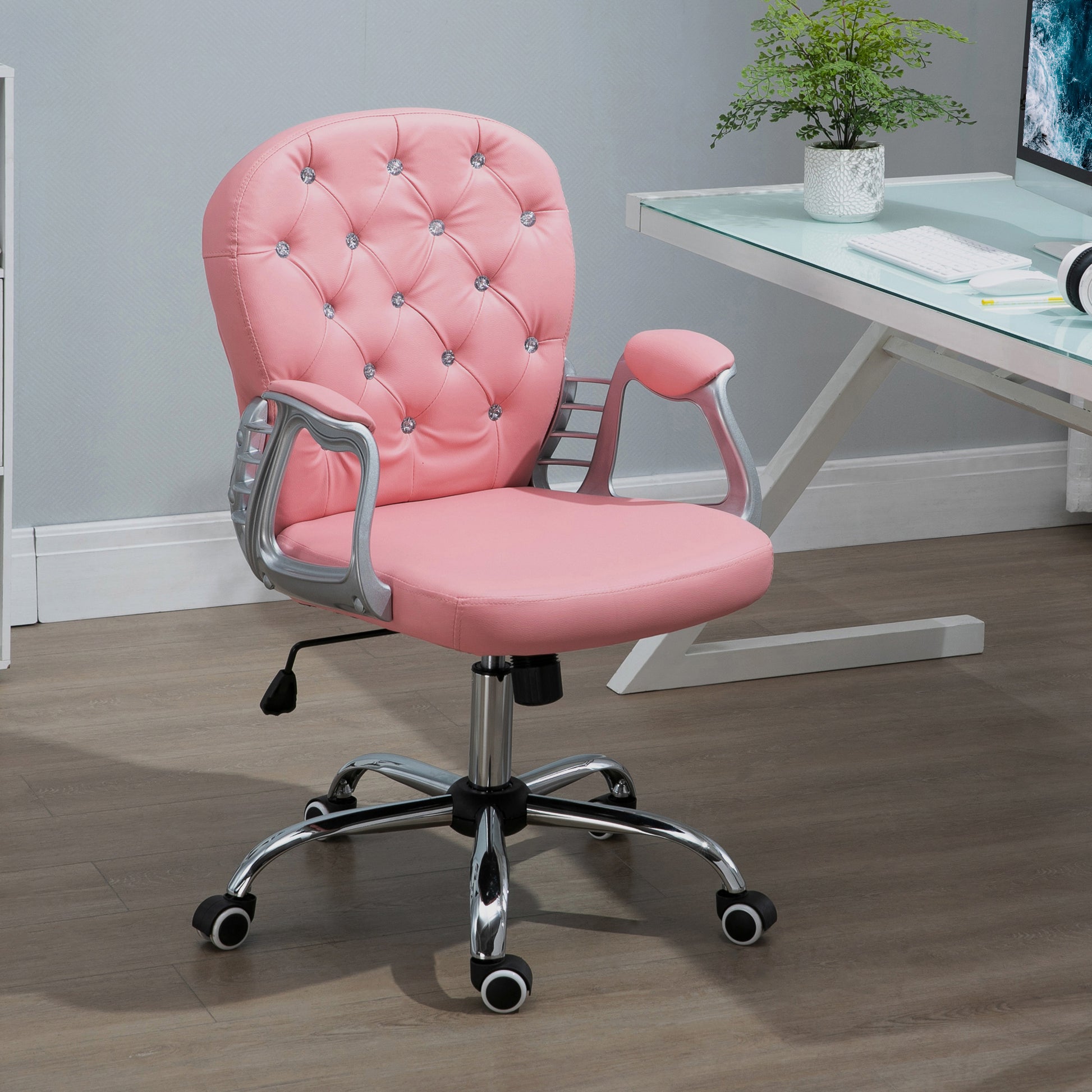 Pink Computer Desk Chair with 360° Swivel, PU Diamante Padded, Base 5 Castor Wheels, Ergonomic Desk Chair by Vinsetto-8