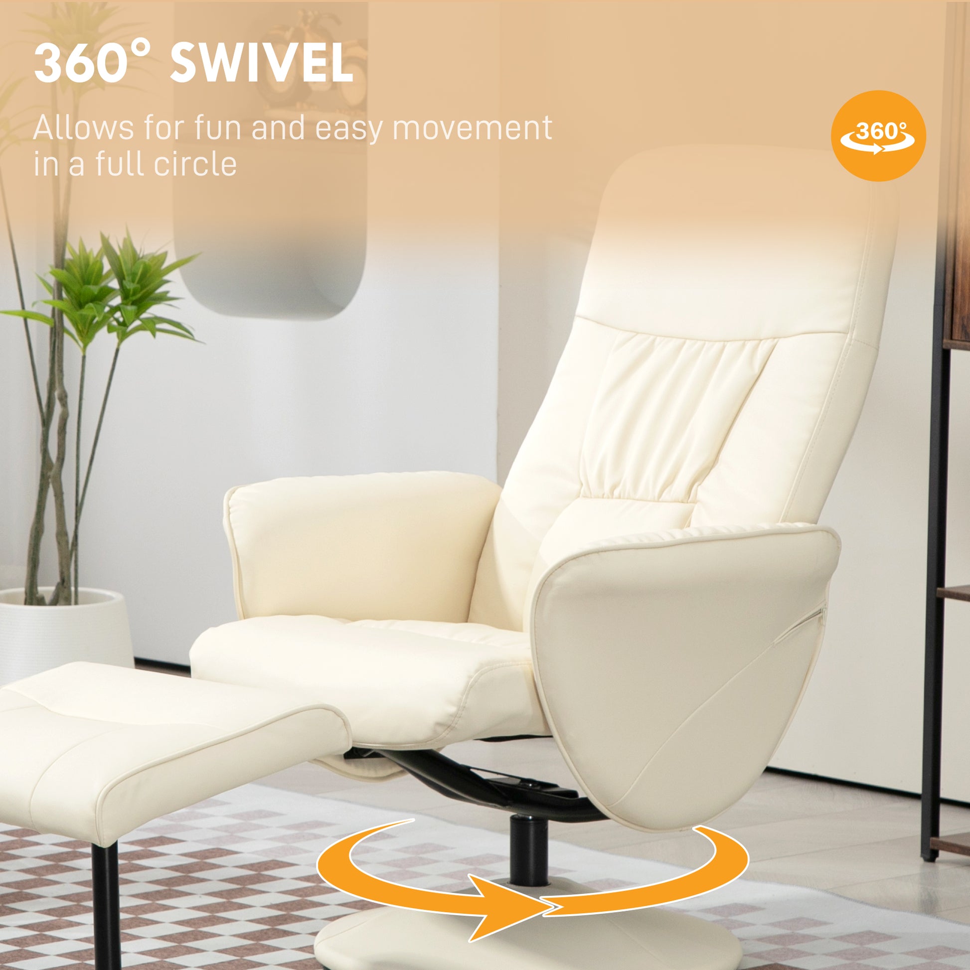 Swivel Recliner Chair with Footstool, PU Leather Armchair and Ottoman with High Back and Round Base for Living Room, Cream White | HOMCOM-3