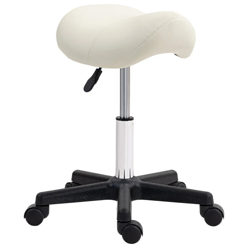 Saddle Stool, PU Leather Adjustable Rolling Salon Chair with Steel Frame for Massage, Spa, Beauty and Tattoo, White | HOMCOM-0