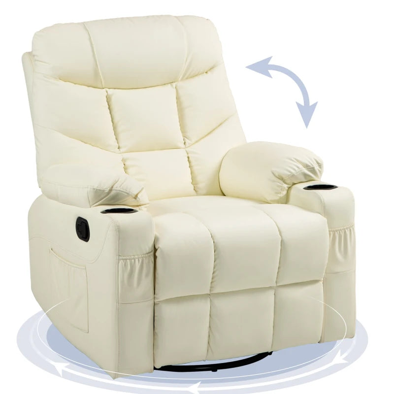 Manual Reclining Chair, Recliner Armchair with Swivel, Faux Leather, Footrest, Cup Holders, 86x93x102cm, Cream | HOMCOM-0
