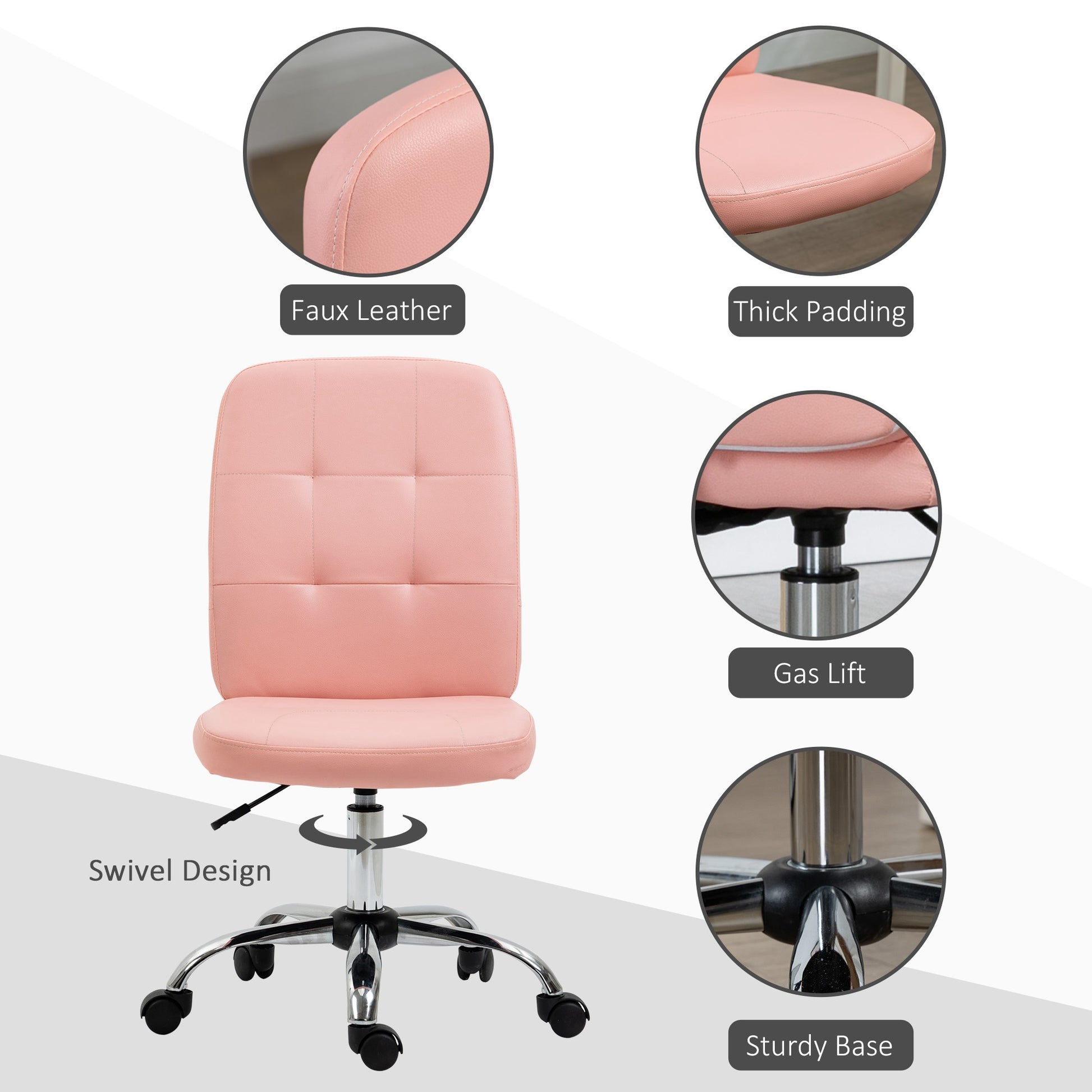 Vinsetto Armless Faux Leather Office Chair in Pink-3