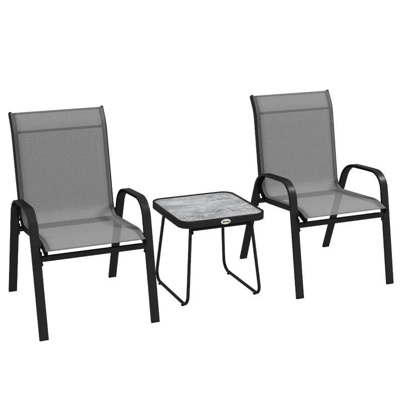 Outsunny 3 Pieces Outdoor Bistro Set, Patio Stackable Armchairs with Breathable Mesh Fabric and SPC Board Coffee Table, Light Grey-0