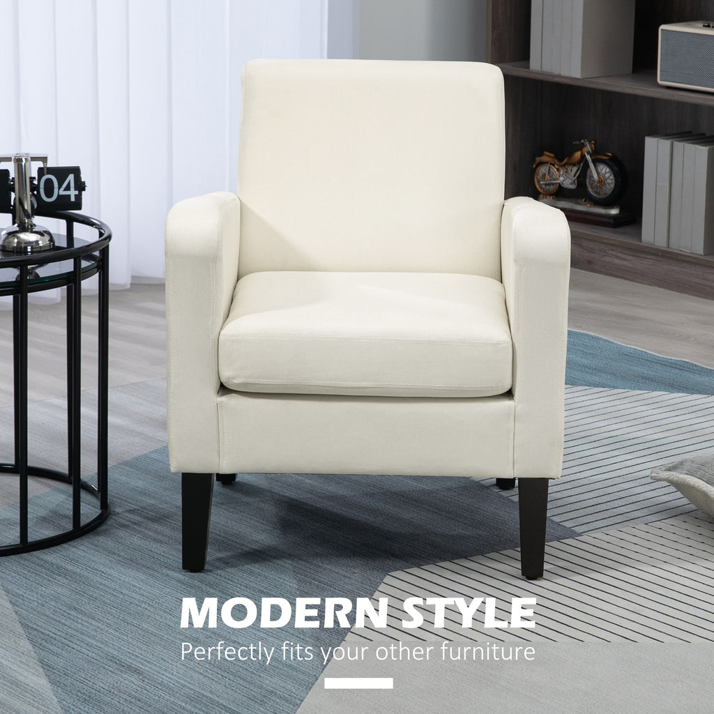 2x HOMCOM Modern Armchairs with Rubber Wood Legs, Upholstered Accent Chairs, Single Sofa for Living Room, Bedroom, Cream White-2