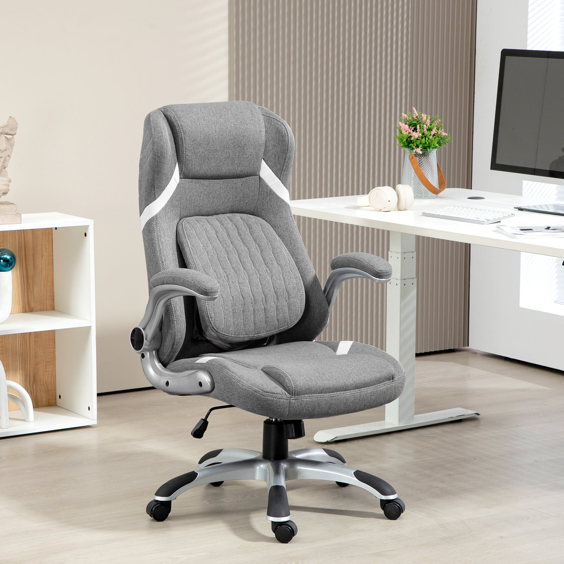 Vinsetto Ergonomic Desk Chair with Adjustable Height and Tension, Armrests, Linen-Look Home Office Chair in Grey-8