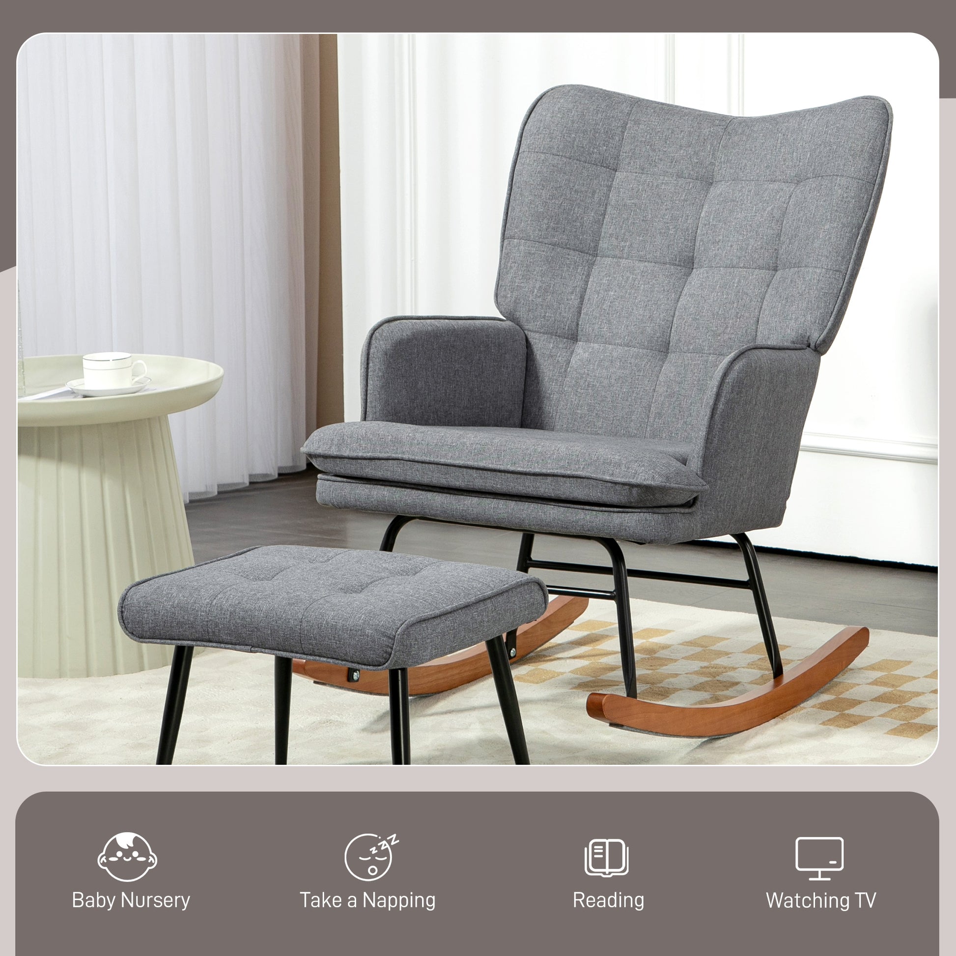 HOMCOM Linen-Look Rocking Chair and Ottoman Set in Grey-4