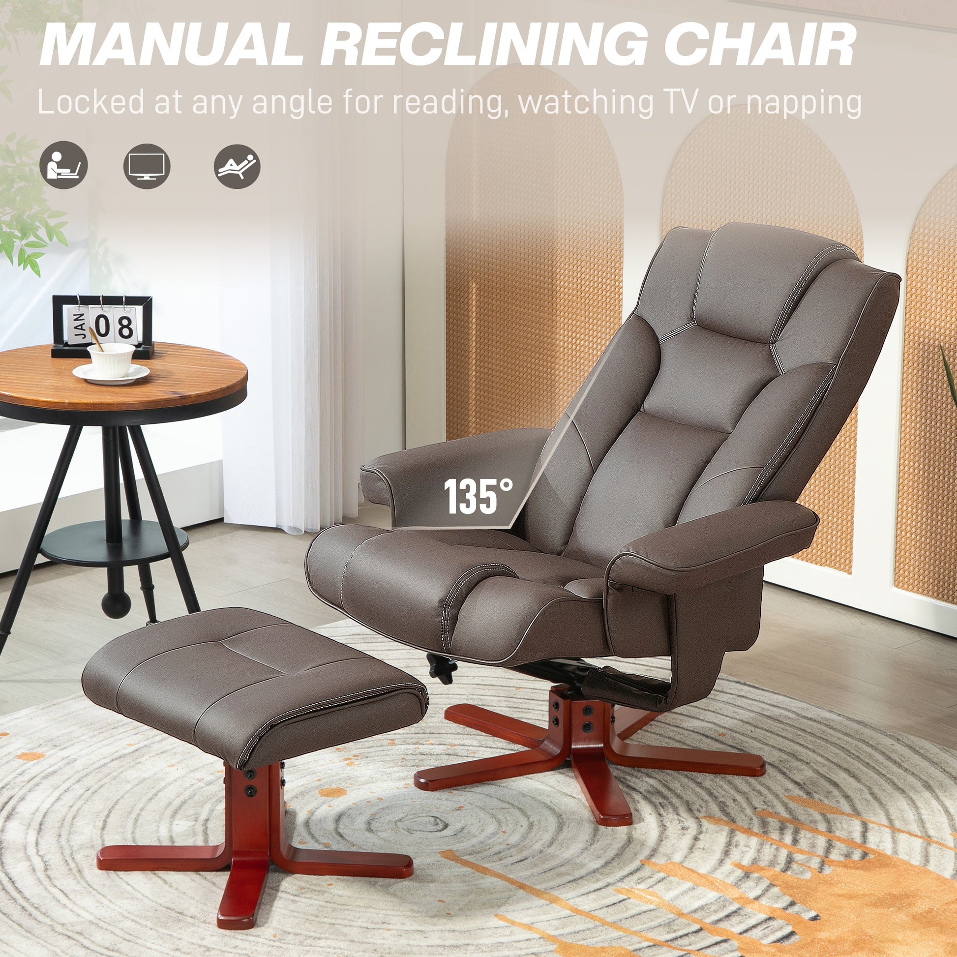 HOMCOM Faux Leather Manual Recliner and Footstool Set in Brown-2