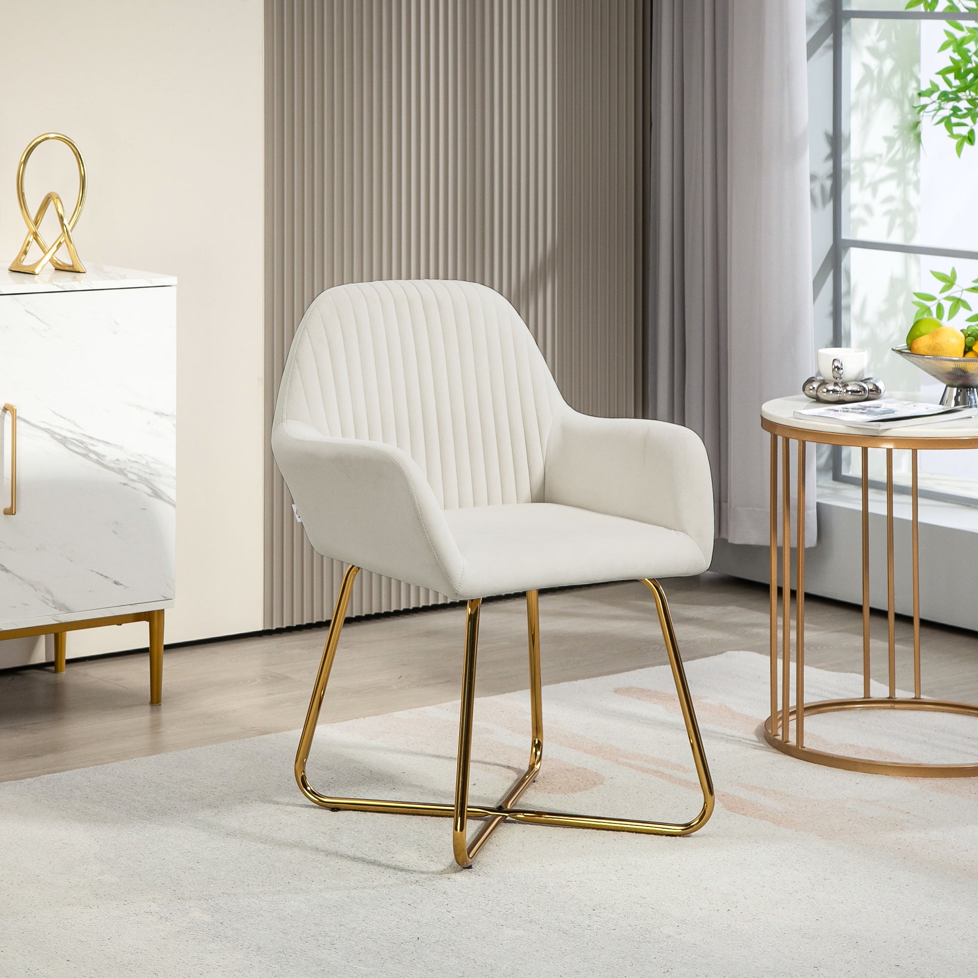 HOMCOM Modern Arm Chair Upholstered Accent Chair with Metal Base for Living Room Cream in White-8