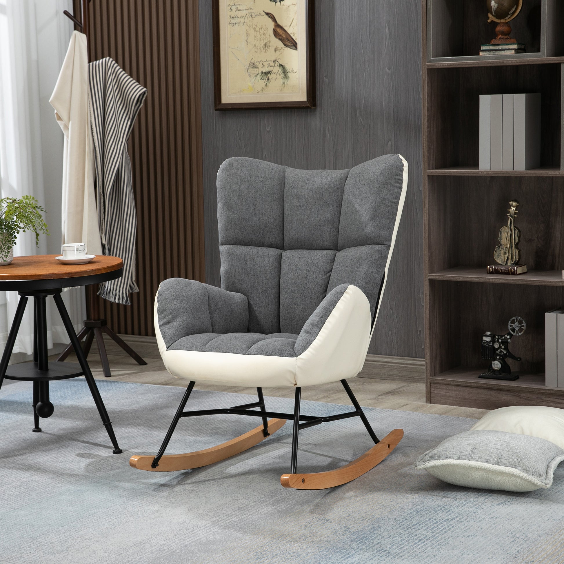 Rocking Chair for Nursery, Upholstered Wingback Armchair with Steel and Wood Legs for Living Room, Bedroom, Balcony, Grey and Cream | HOMCOM-8