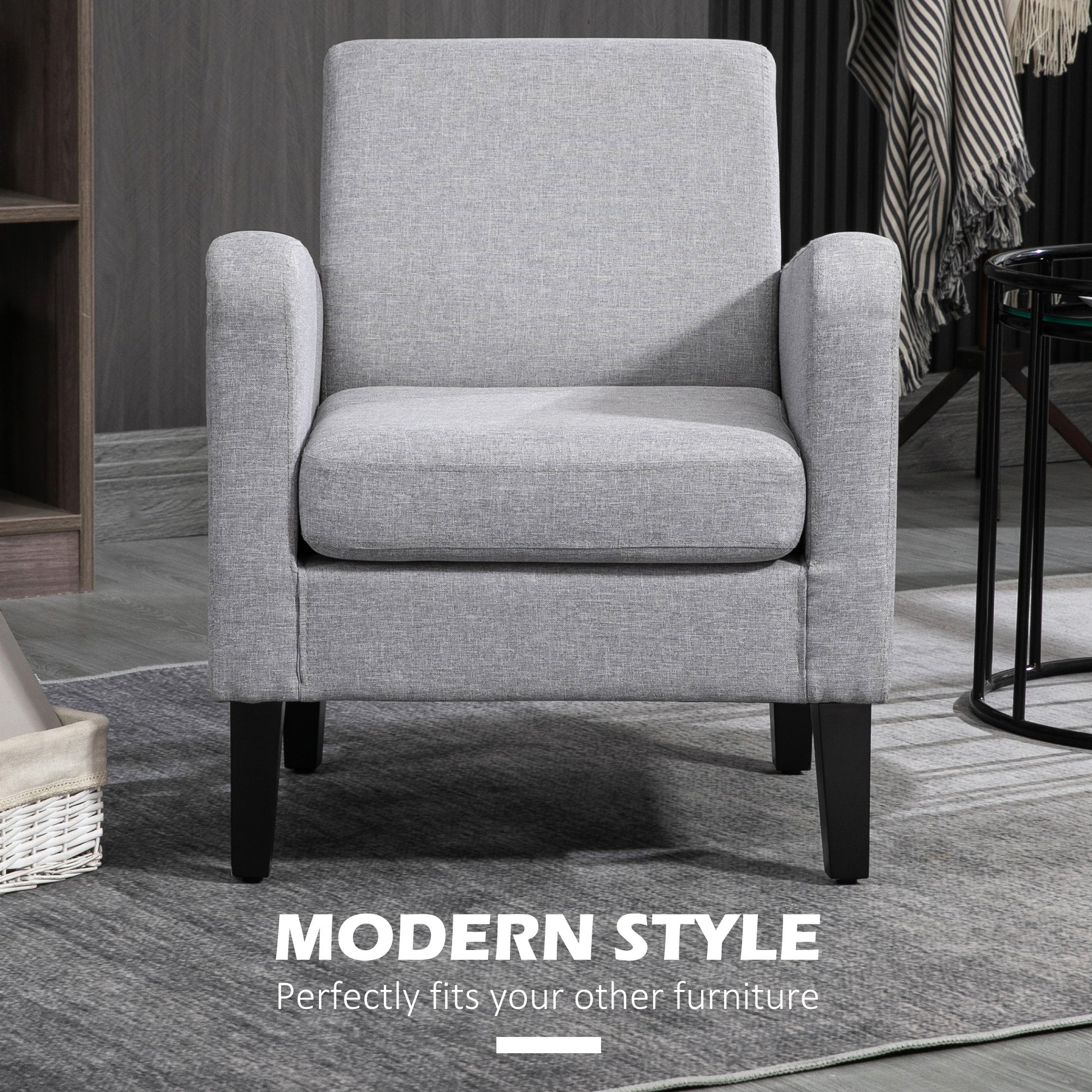 2x HOMCOM Modern Armchairs with Rubber Wood Legs, Upholstered Accent Chairs for Living Room in Light Grey-2